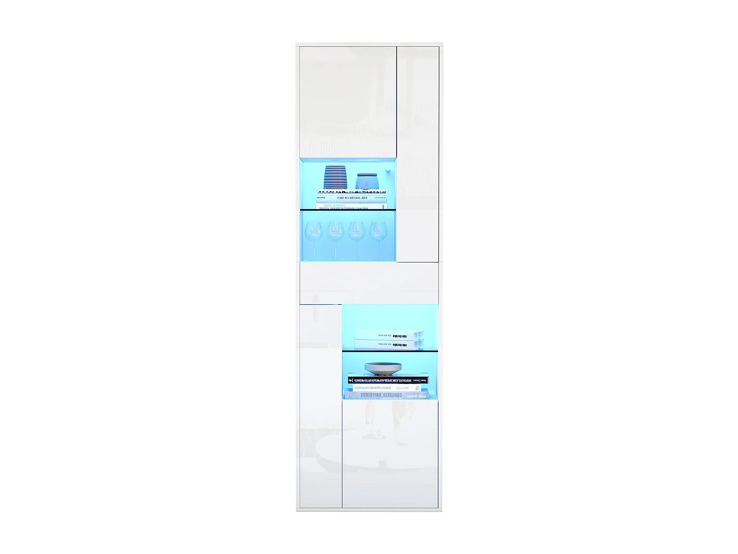 Vitrine haute brillance 55x38x170 cm - 1 tiroir et 4 portes - avec éclairage LED - Blanc