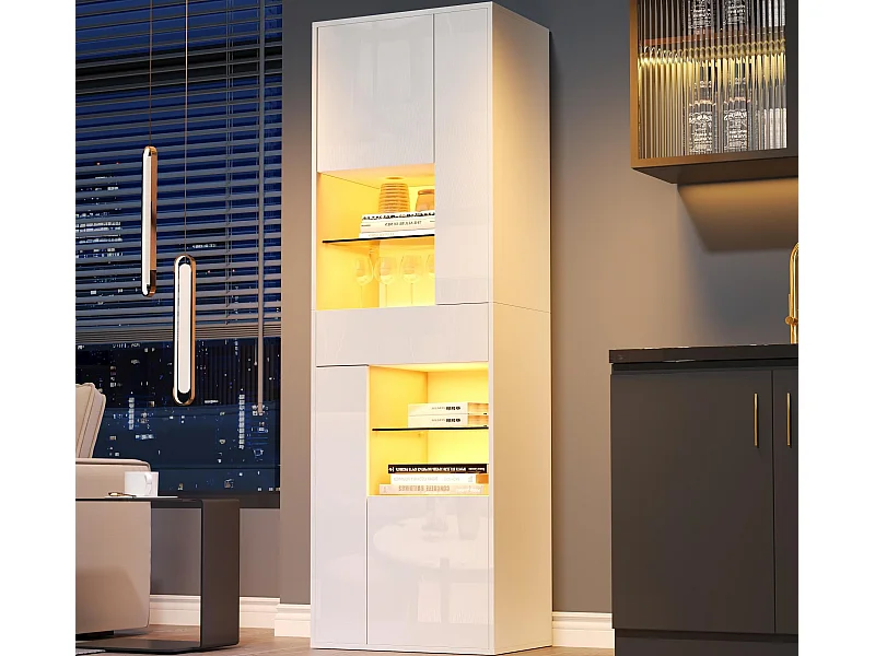 Hochglanz-Vitrine 55x38x170 cm - 1 Schublade und 4 Türen - mit LED-Beleuchtung - Weiß