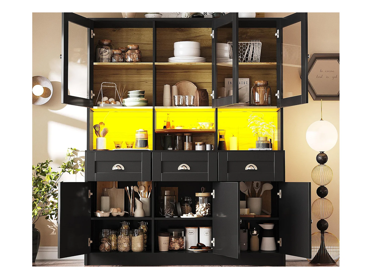 Buffet de cuisine moderne 140x40x175cm - 6 portes + 3 tiroirs + 9 étagères - meuble haut - avec éclairage LED - Noir