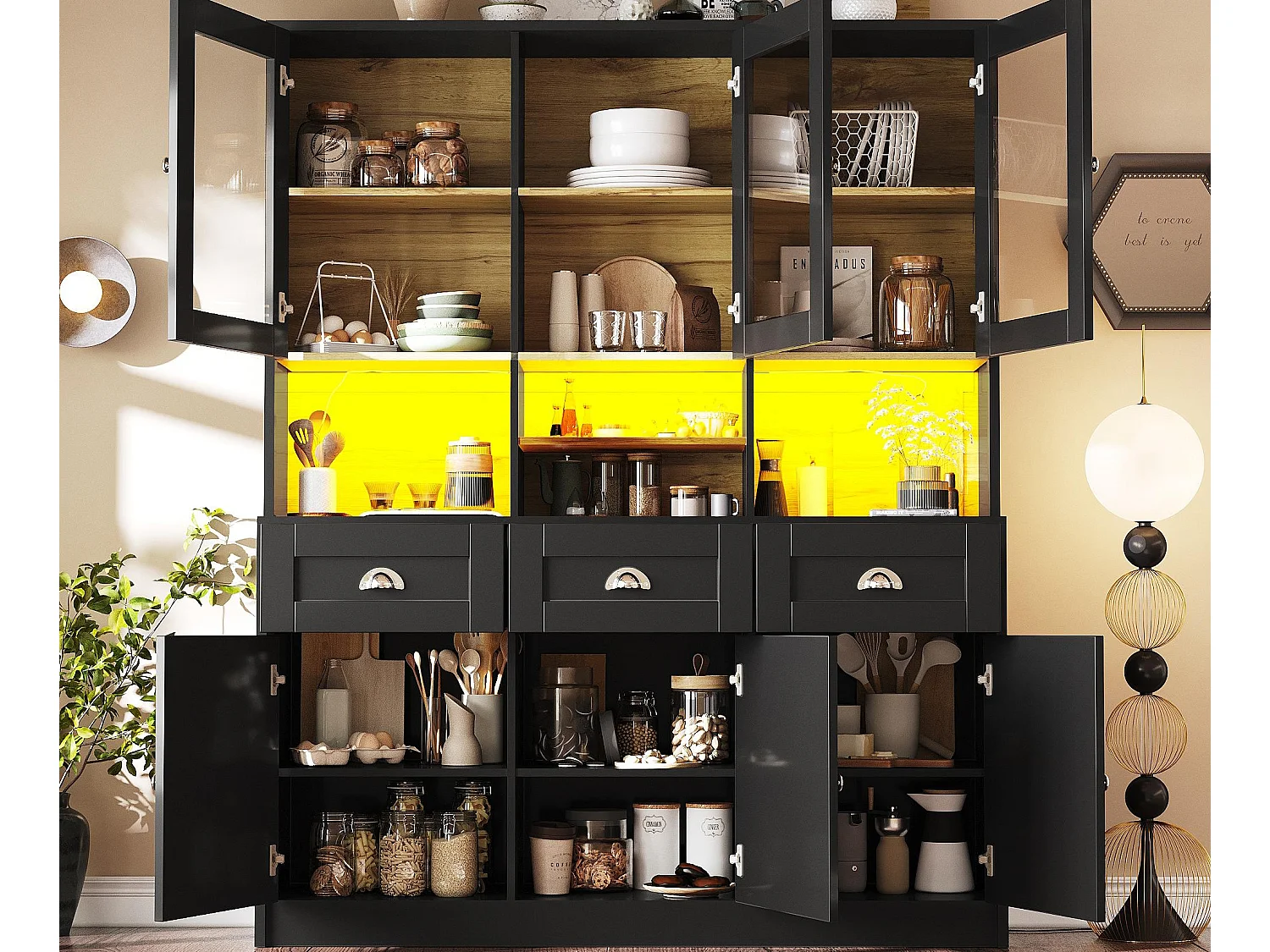 Nowoczesny kredens kuchenny 140x40x175cm - 6 drzwi + 3 szuflady + 9 półek - meble wysokie - z oświetleniem LED - Czarny