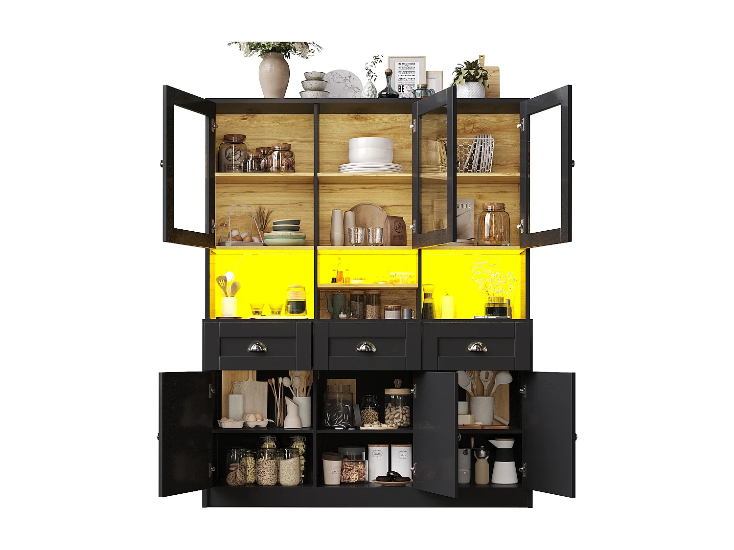 Nowoczesny kredens kuchenny 140x40x175cm - 6 drzwi + 3 szuflady + 9 półek - meble wysokie - z oświetleniem LED - Czarny