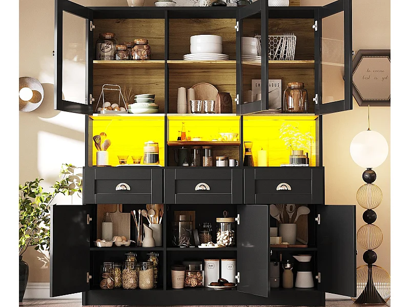 Nowoczesny kredens kuchenny 140x40x175cm - 6 drzwi + 3 szuflady + 9 półek - meble wysokie - z oświetleniem LED - Czarny