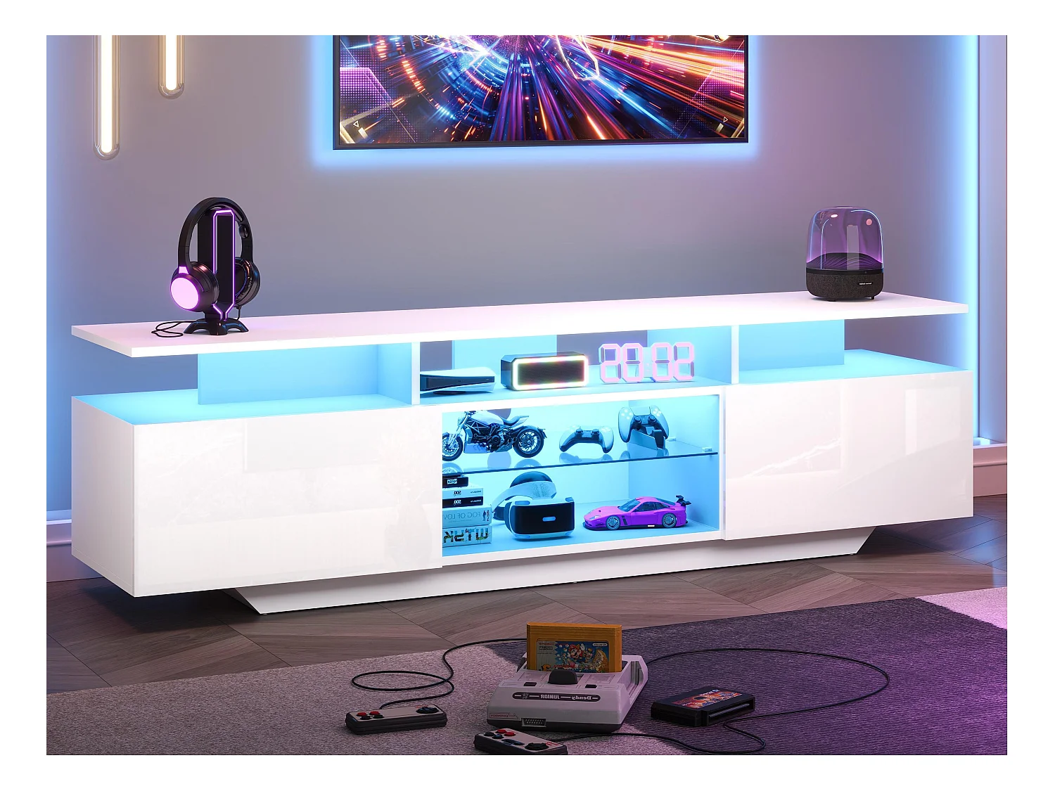 Meuble TV haute brillance 160x40x45cm - avec 2 portes et 8 étagères - avec éclairage LED - MDF - Blanc