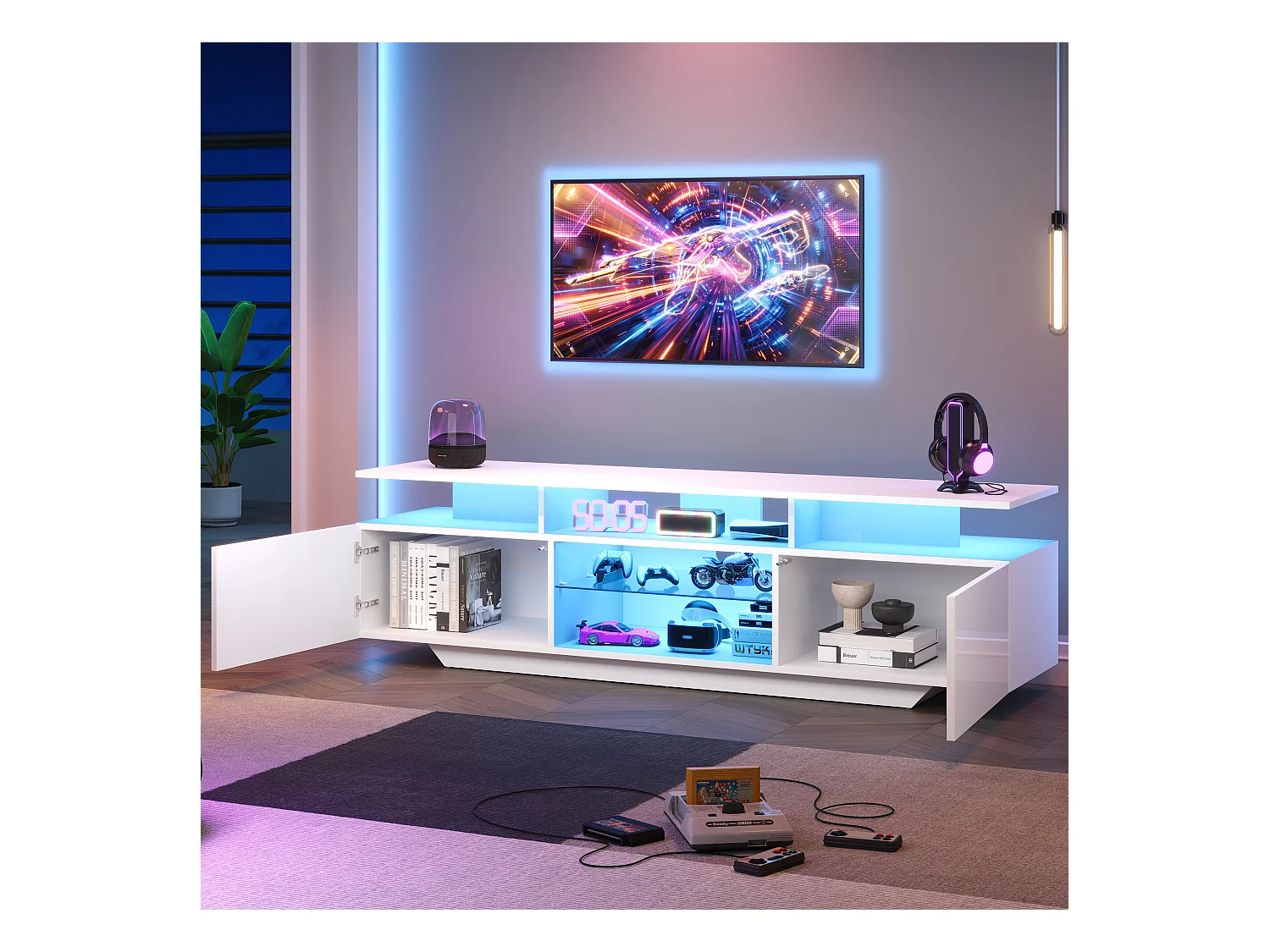 Meuble TV haute brillance 160x40x45cm - avec 2 portes et 8 étagères - avec éclairage LED - MDF - Blanc