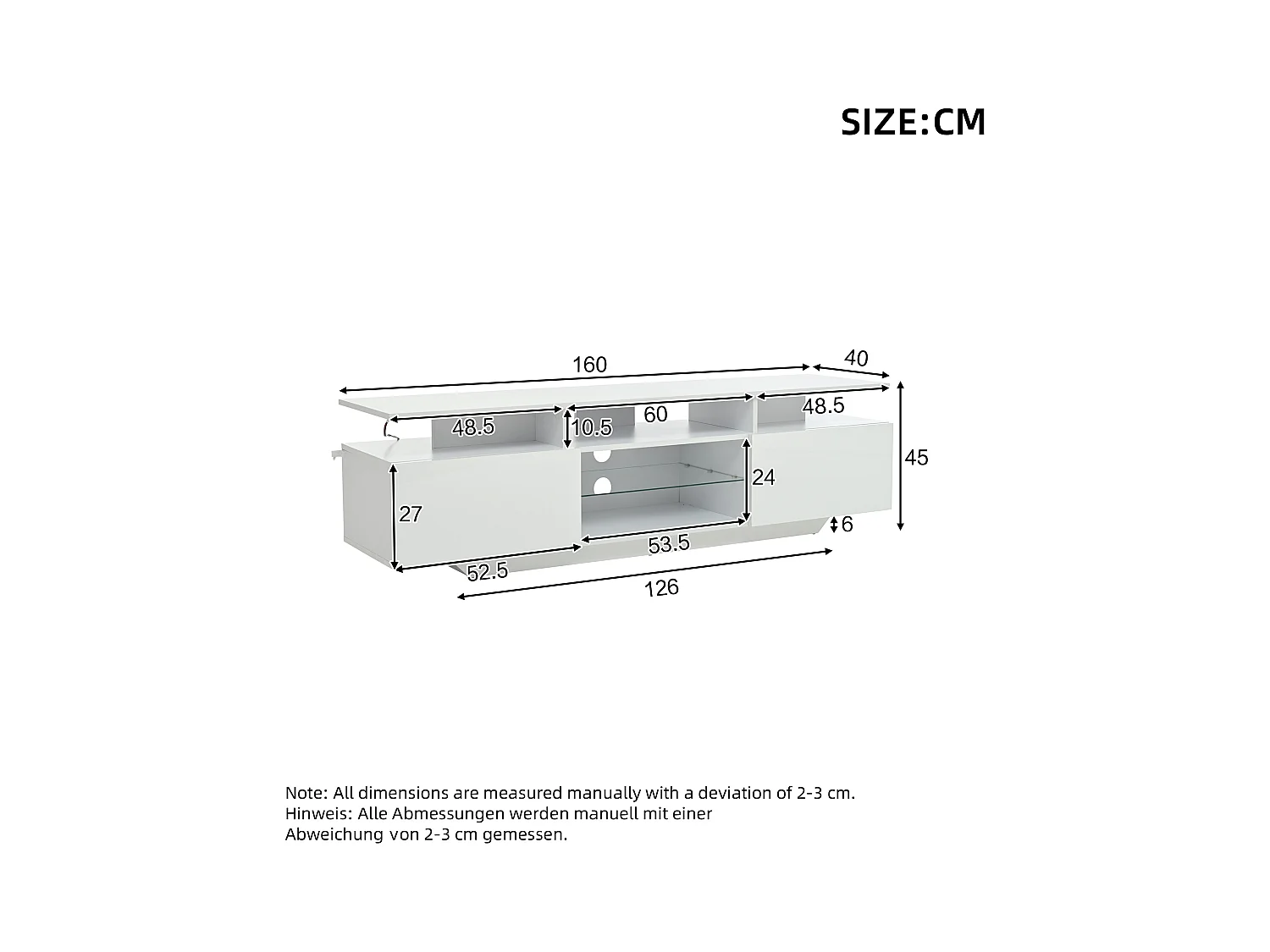 Meuble TV haute brillance 160x40x45cm - avec 2 portes et 8 étagères - avec éclairage LED - MDF - Blanc