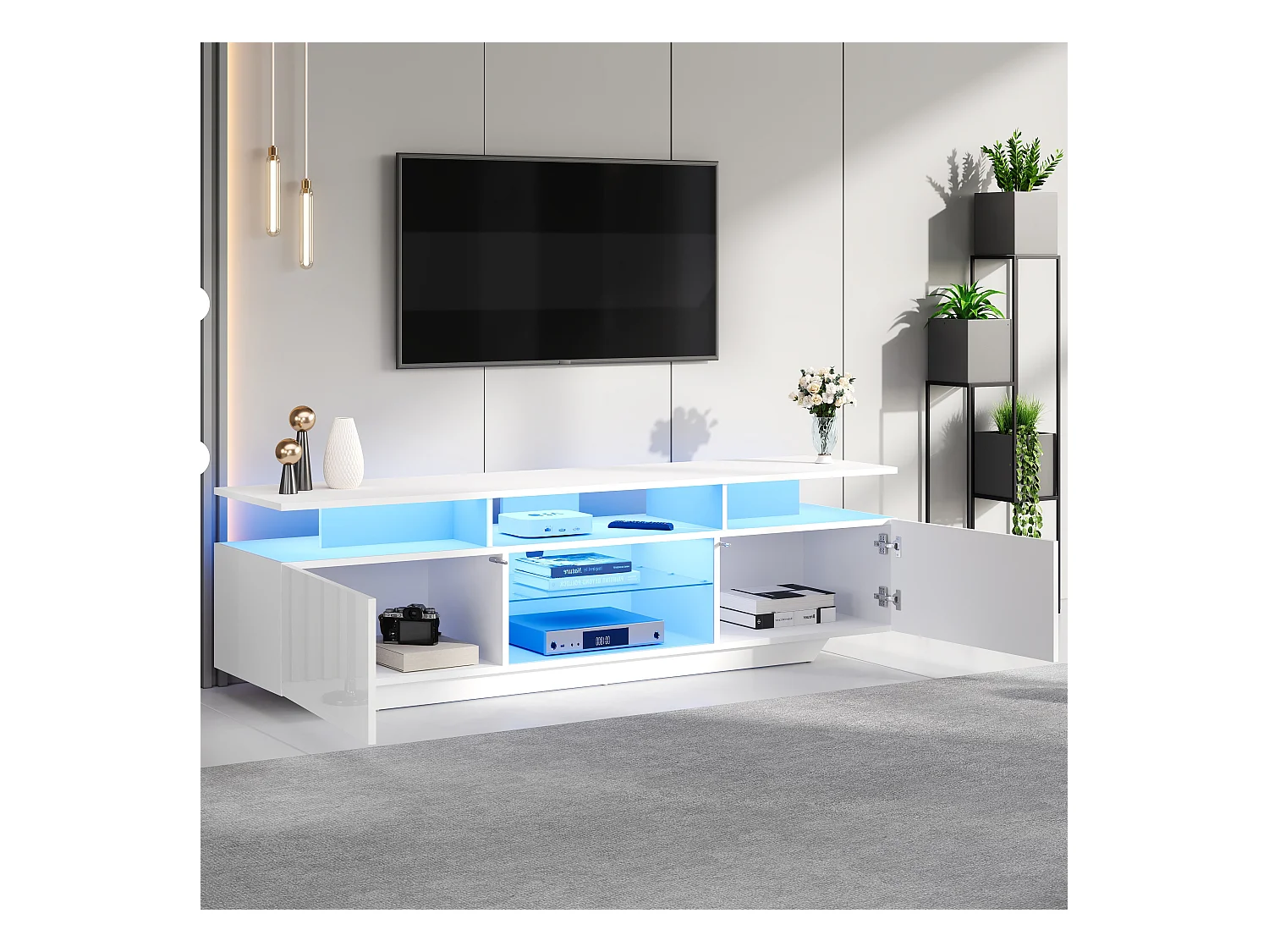 Meuble TV haute brillance 160x40x45cm - avec 2 portes et 8 étagères - avec éclairage LED - MDF - Blanc