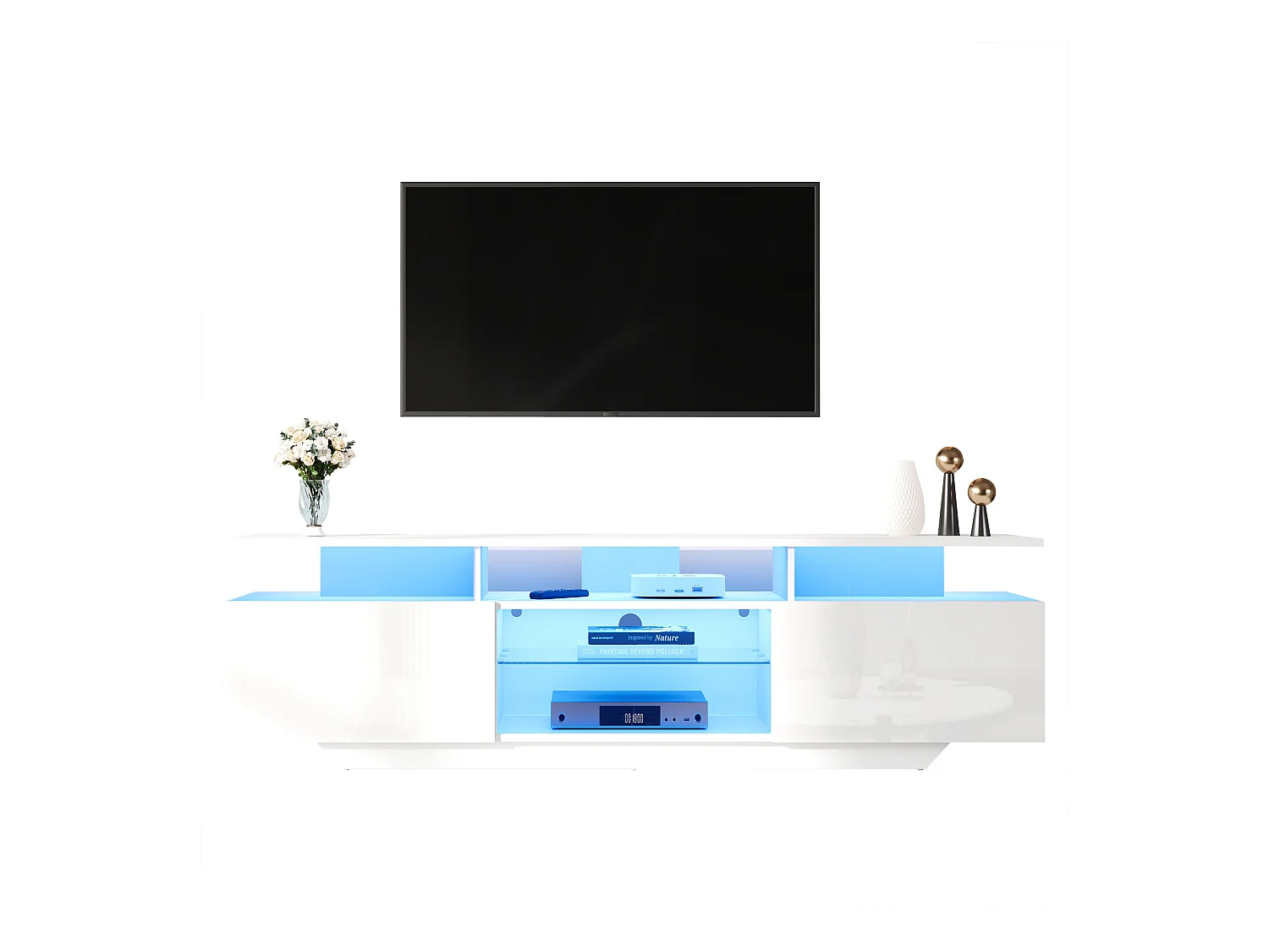 Meuble TV haute brillance 160x40x45cm - avec 2 portes et 8 étagères - avec éclairage LED - MDF - Blanc