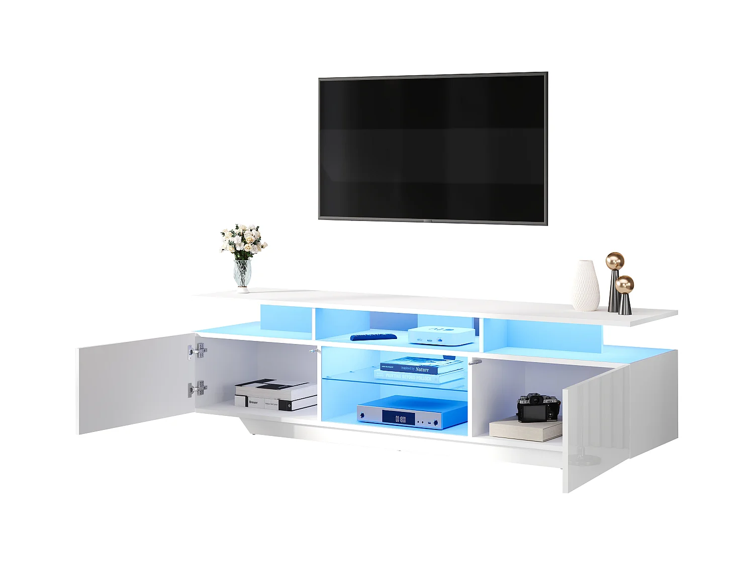 Meuble TV haute brillance 160x40x45cm - avec 2 portes et 8 étagères - avec éclairage LED - MDF - Blanc