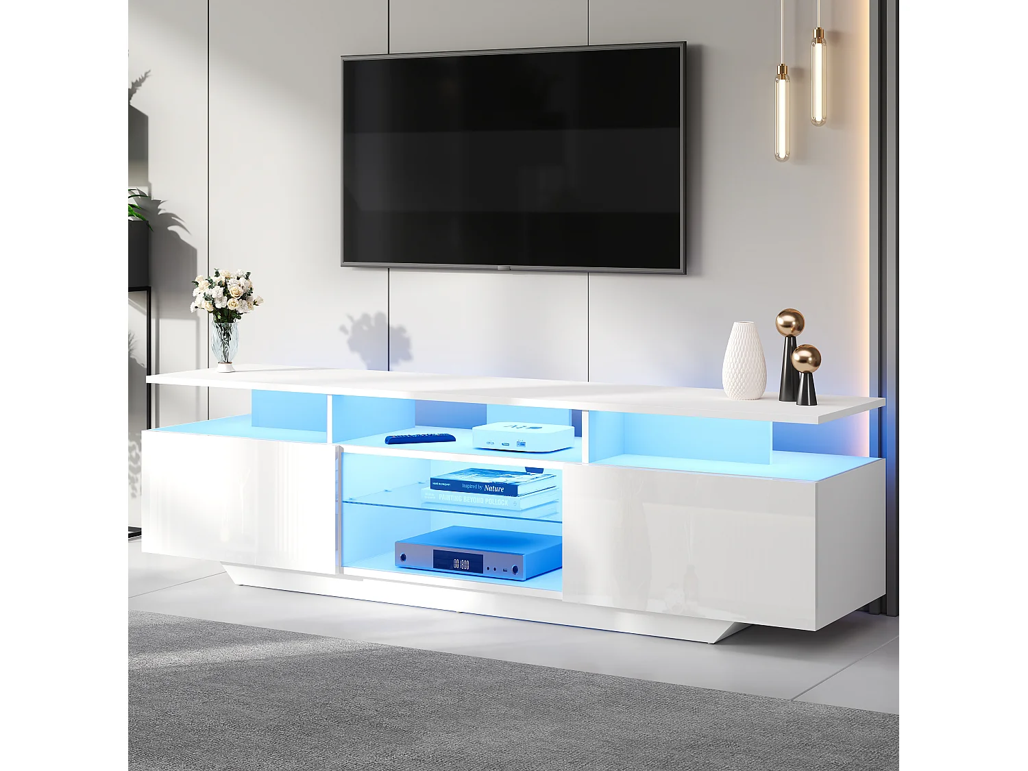 Mobile TV alto splendore 160x40x45cm - con 2 ante e 8 ripiani - con illuminazione LED - MDF - Bianco