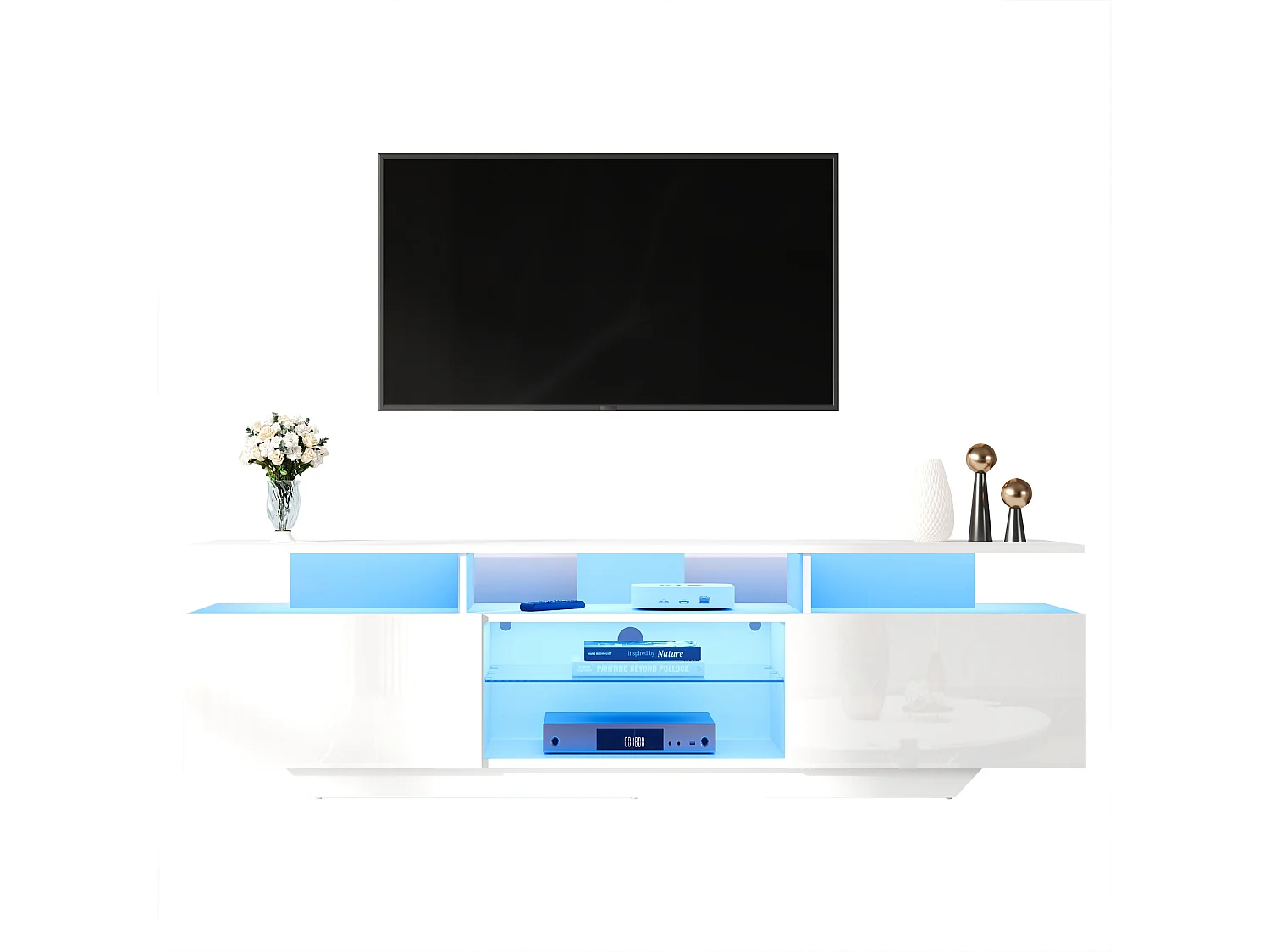 Mobile TV alto splendore 160x40x45cm - con 2 ante e 8 ripiani - con illuminazione LED - MDF - Bianco