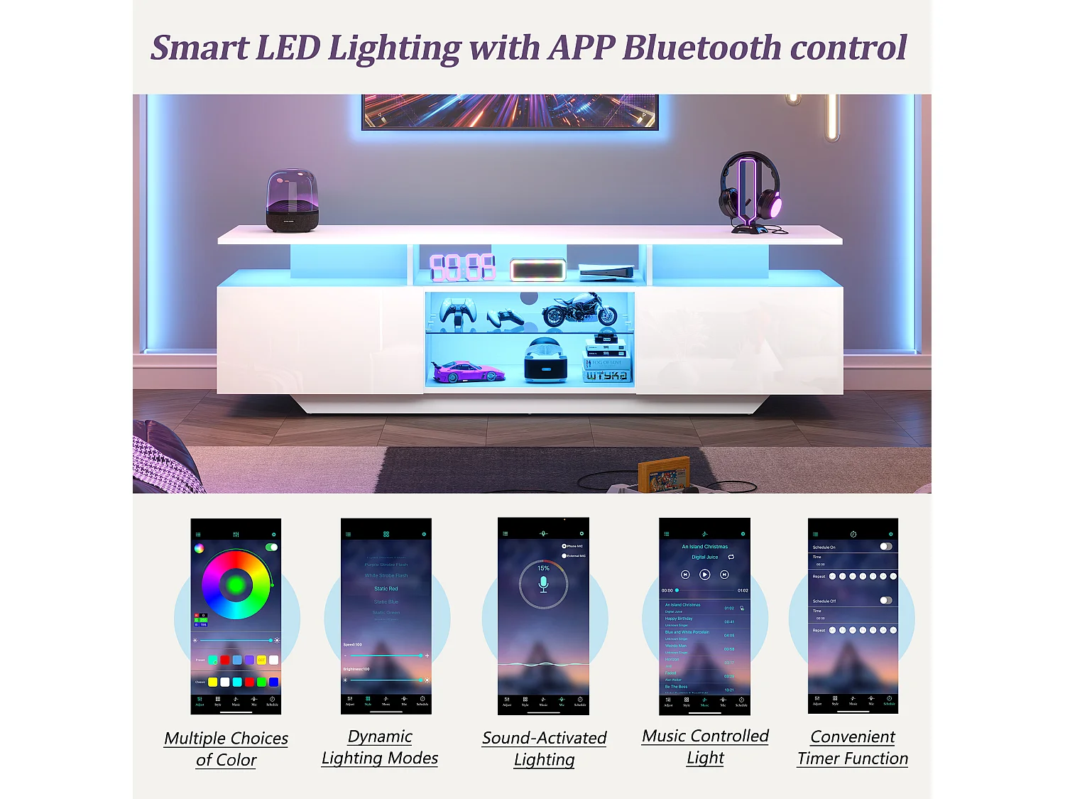 Mobile TV alto splendore 160x40x45cm - con 2 ante e 8 ripiani - con illuminazione LED - MDF - Bianco