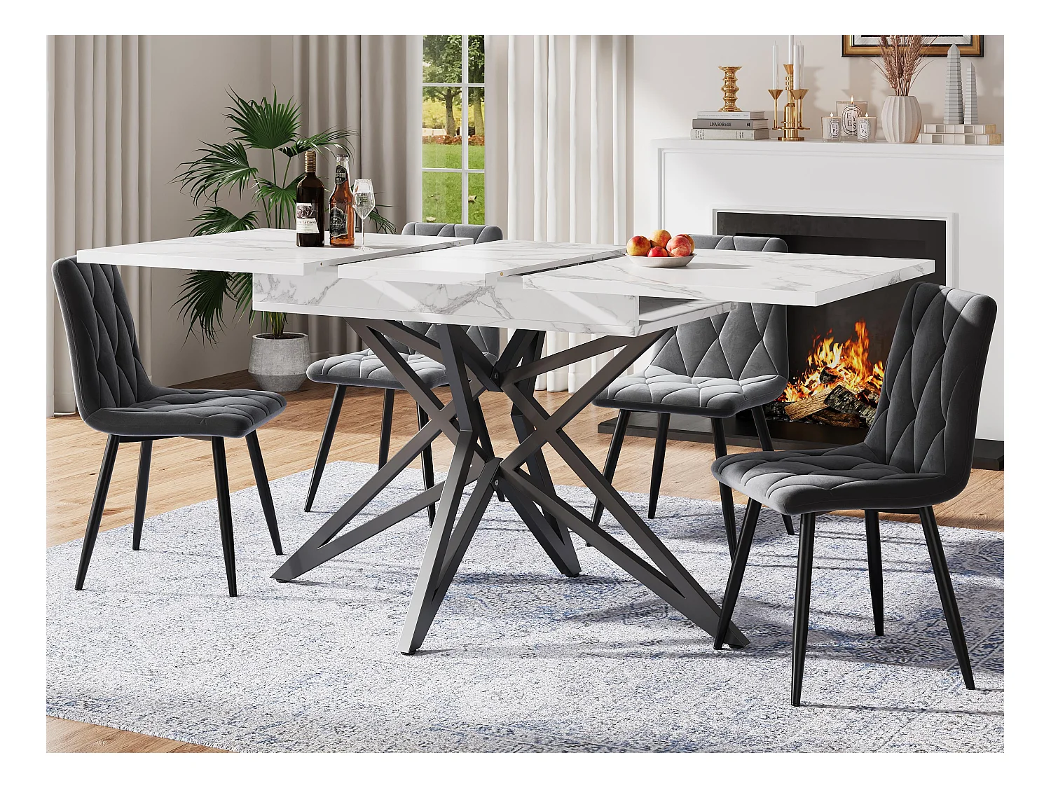 Table à manger extensible 160x80x66 cm - 6 personnes - pieds de table en forme d'étoile - plateau de table imitation marbre - Blanc