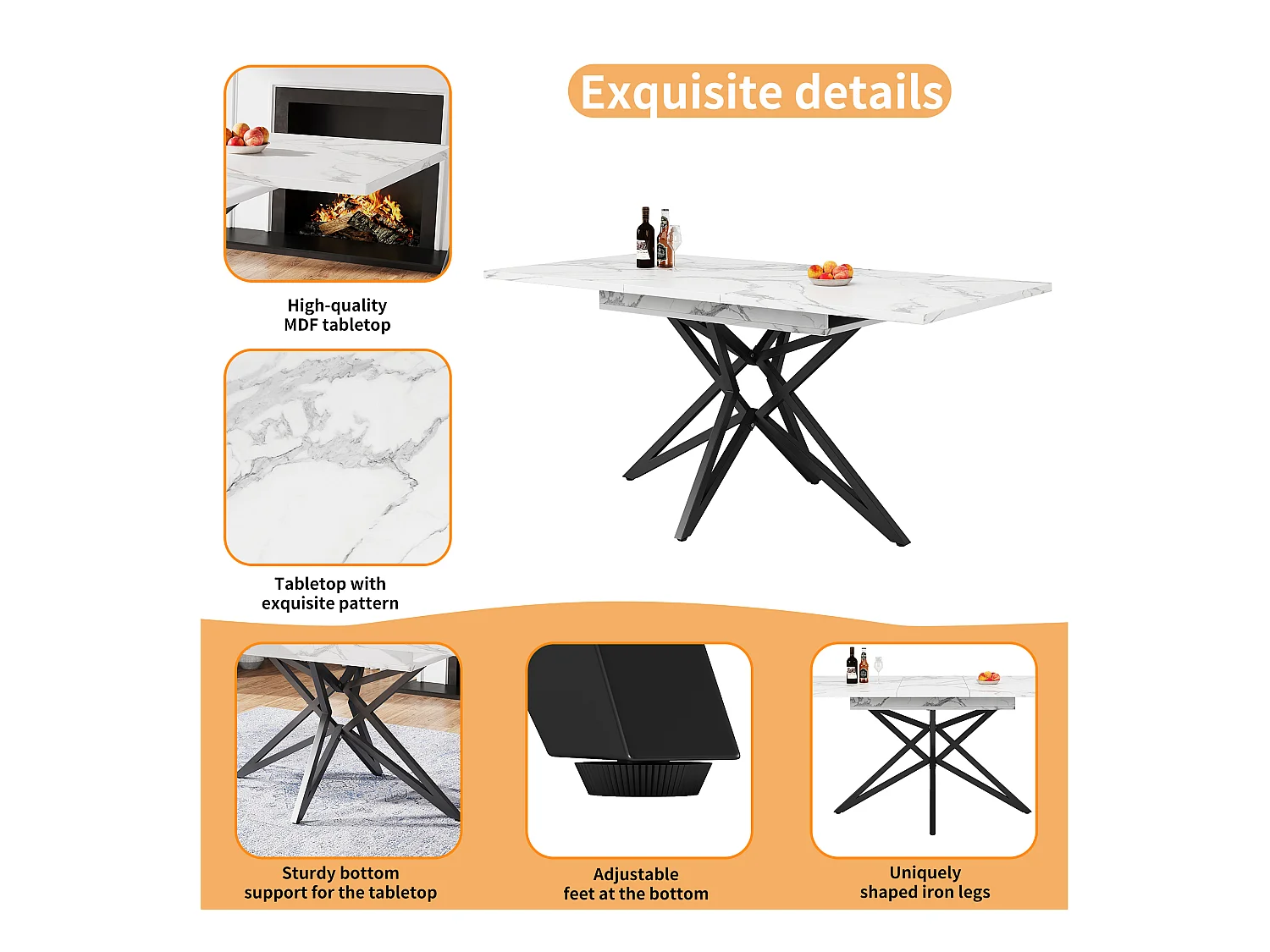 Table à manger extensible 160x80x66 cm - 6 personnes - pieds de table en forme d'étoile - plateau de table imitation marbre - Blanc