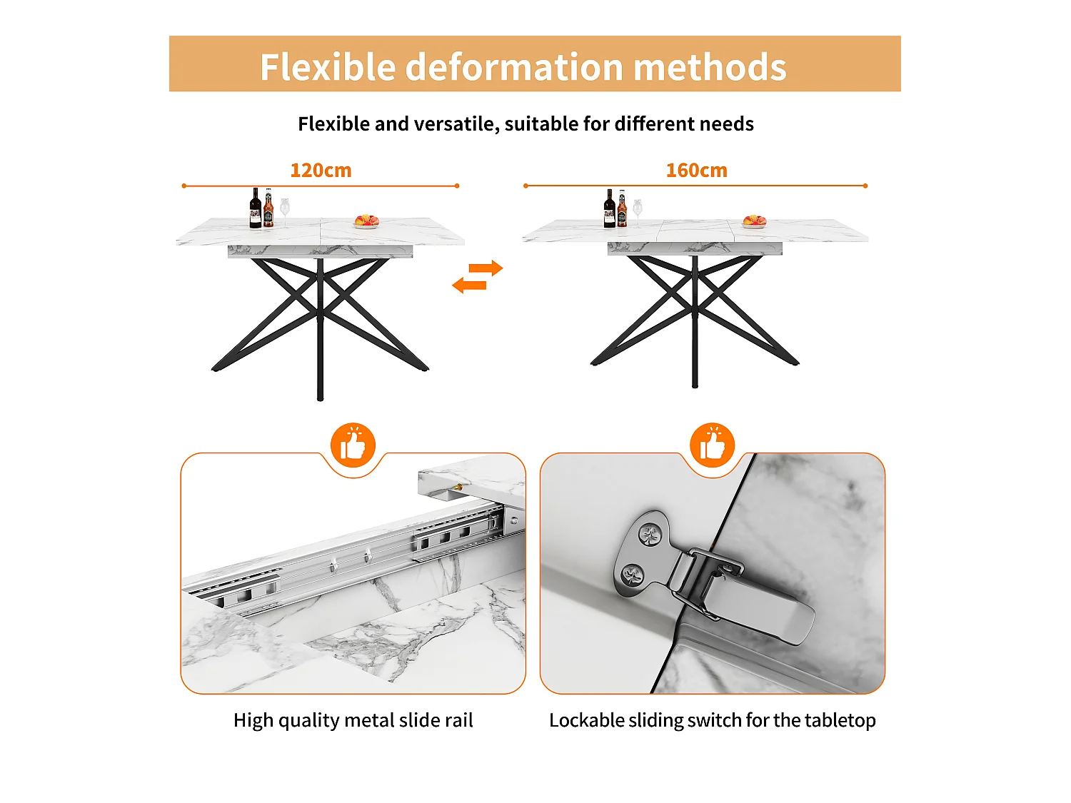Table à manger extensible 160x80x66 cm - 6 personnes - pieds de table en forme d'étoile - plateau de table imitation marbre - Blanc