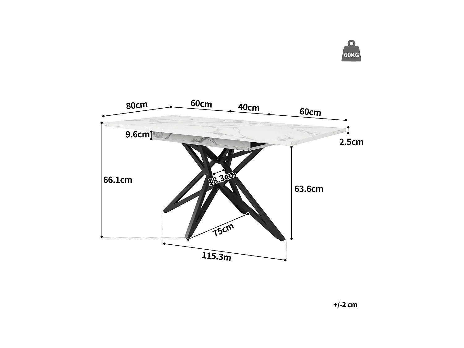 Table à manger extensible 160x80x66 cm - 6 personnes - pieds de table en forme d'étoile - plateau de table imitation marbre - Blanc