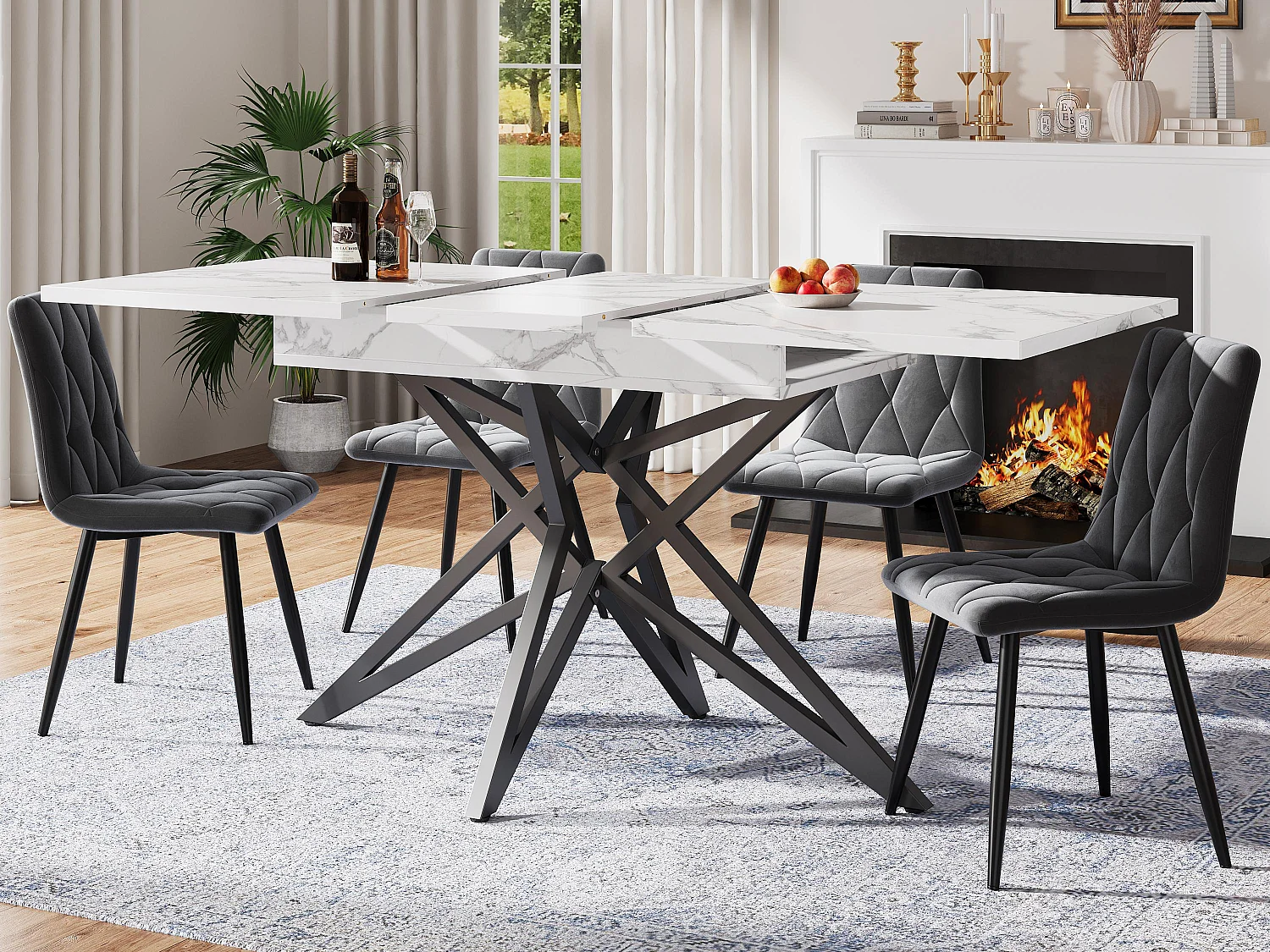 Table à manger extensible 160x80x66 cm - 6 personnes - pieds de table en forme d'étoile - plateau de table imitation marbre - Blanc