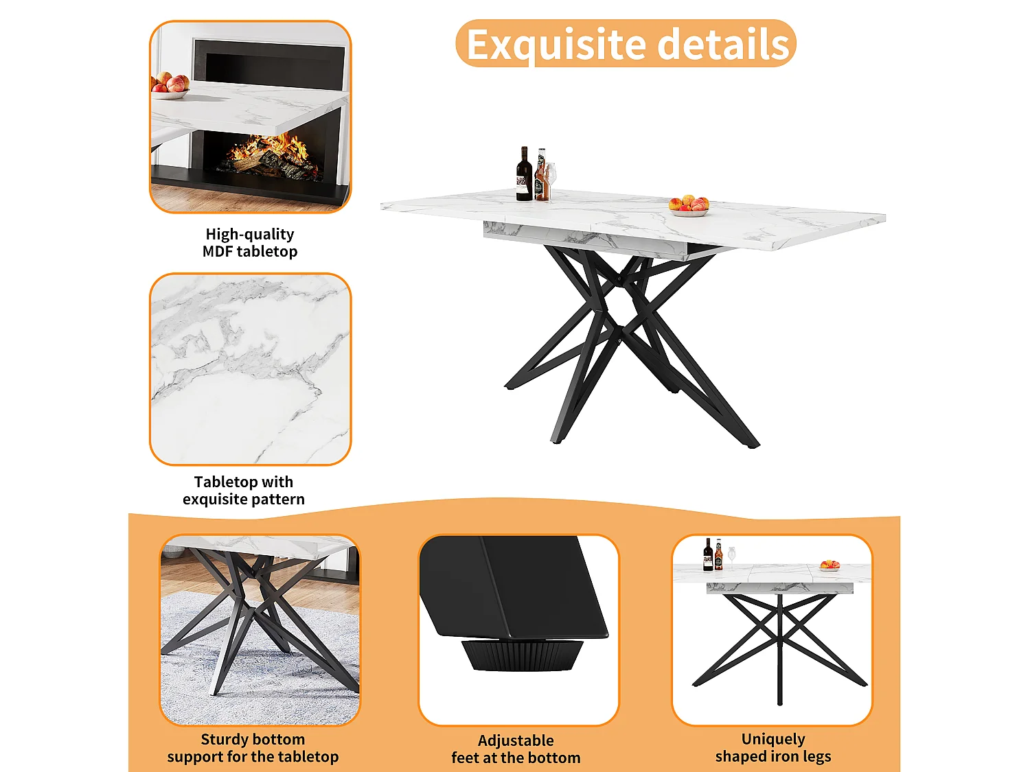 Table à manger extensible 160x80x66 cm - 6 personnes - pieds de table en forme d'étoile - plateau de table imitation marbre - Blanc