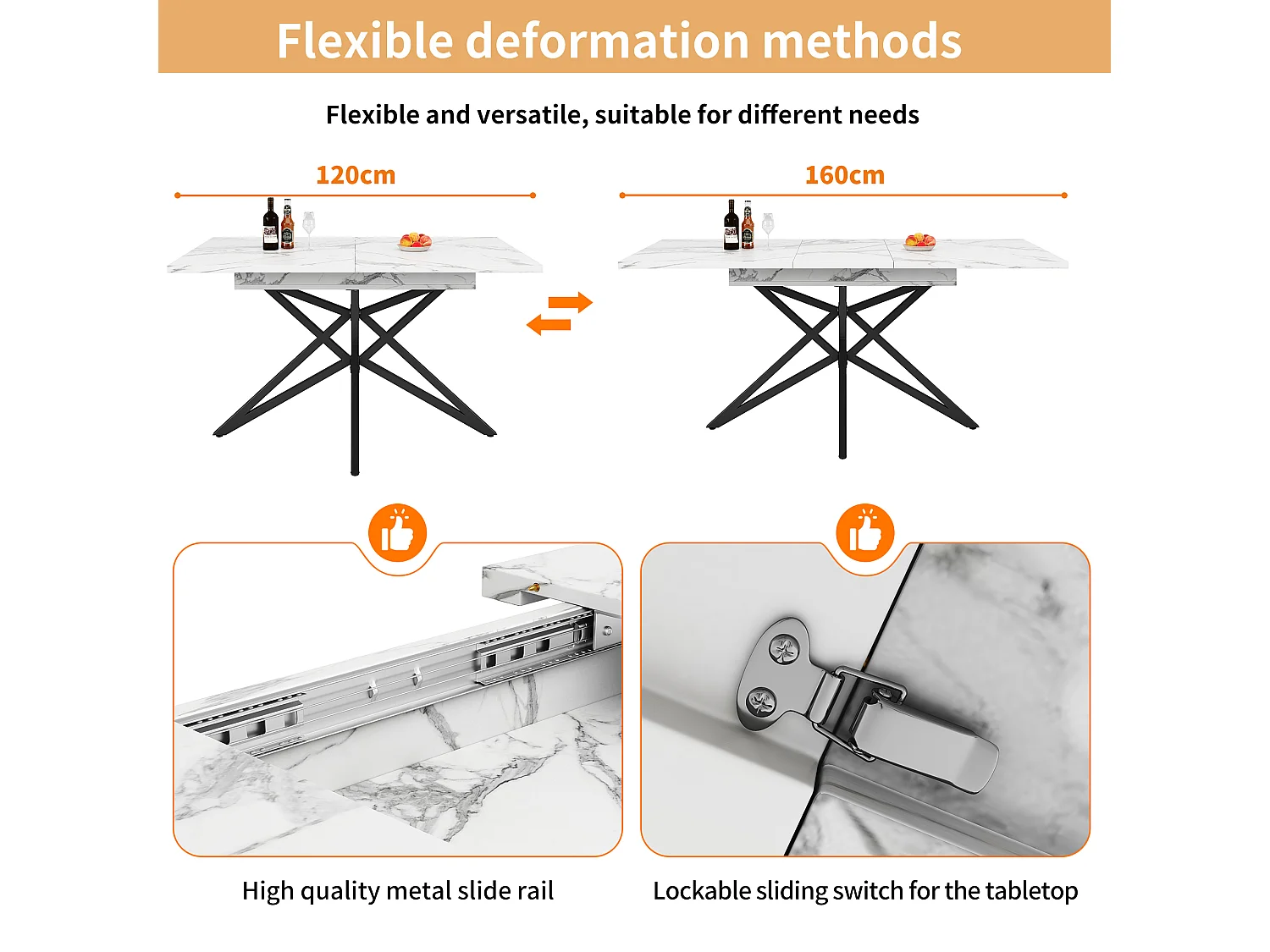 Table à manger extensible 160x80x66 cm - 6 personnes - pieds de table en forme d'étoile - plateau de table imitation marbre - Blanc
