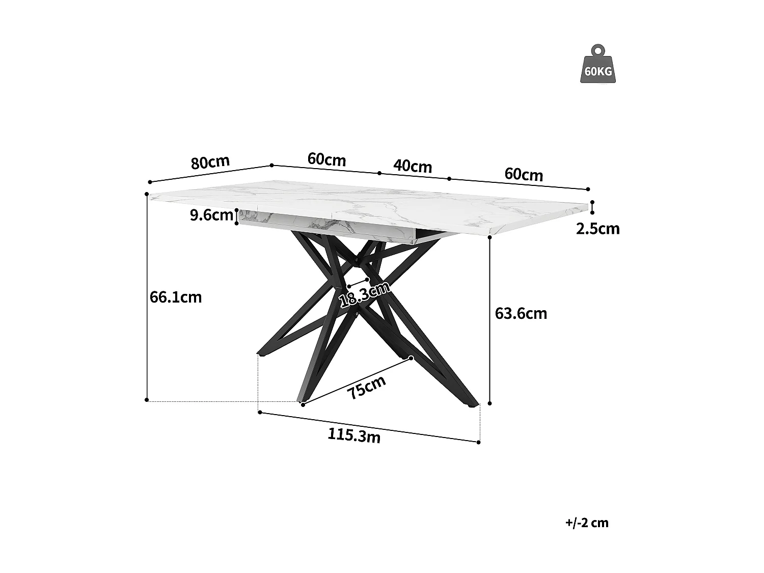 Table à manger extensible 160x80x66 cm - 6 personnes - pieds de table en forme d'étoile - plateau de table imitation marbre - Blanc