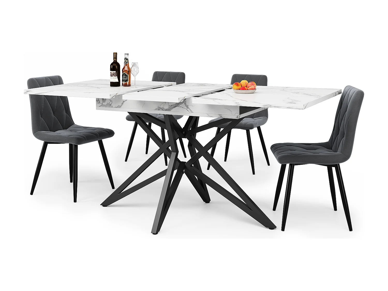 Table à manger extensible 160x80x66 cm - 6 personnes - pieds de table en forme d'étoile - plateau de table imitation marbre - Blanc