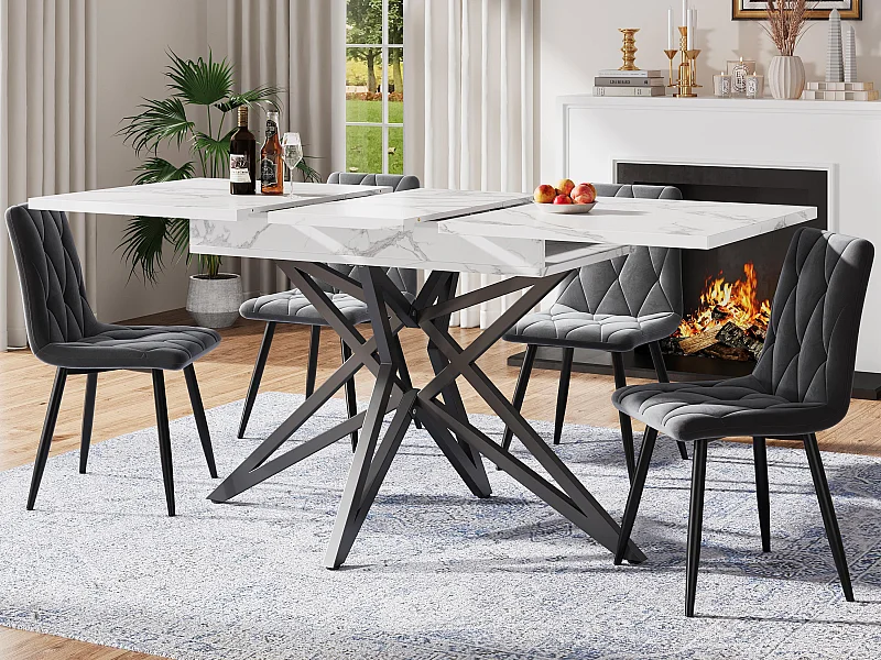 Table à manger extensible 160x80x66 cm - 6 personnes - pieds de table en forme d'étoile - plateau de table imitation marbre - Blanc