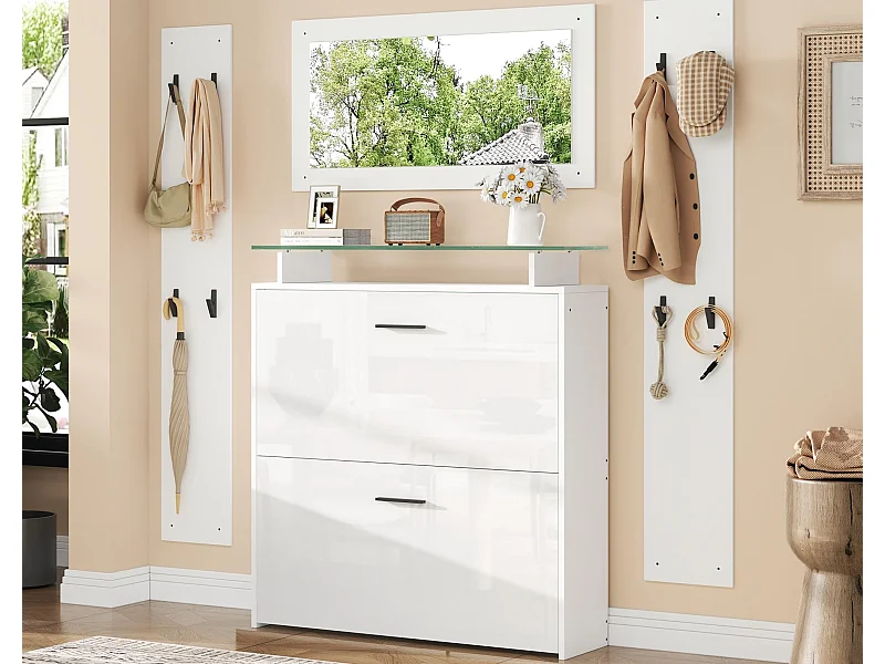 Garderobenset für den Eingangsbereich - 2 Kleiderständer und 1 Schuhschrank - mit Spiegel und 8 Kleiderhaken - Weiß