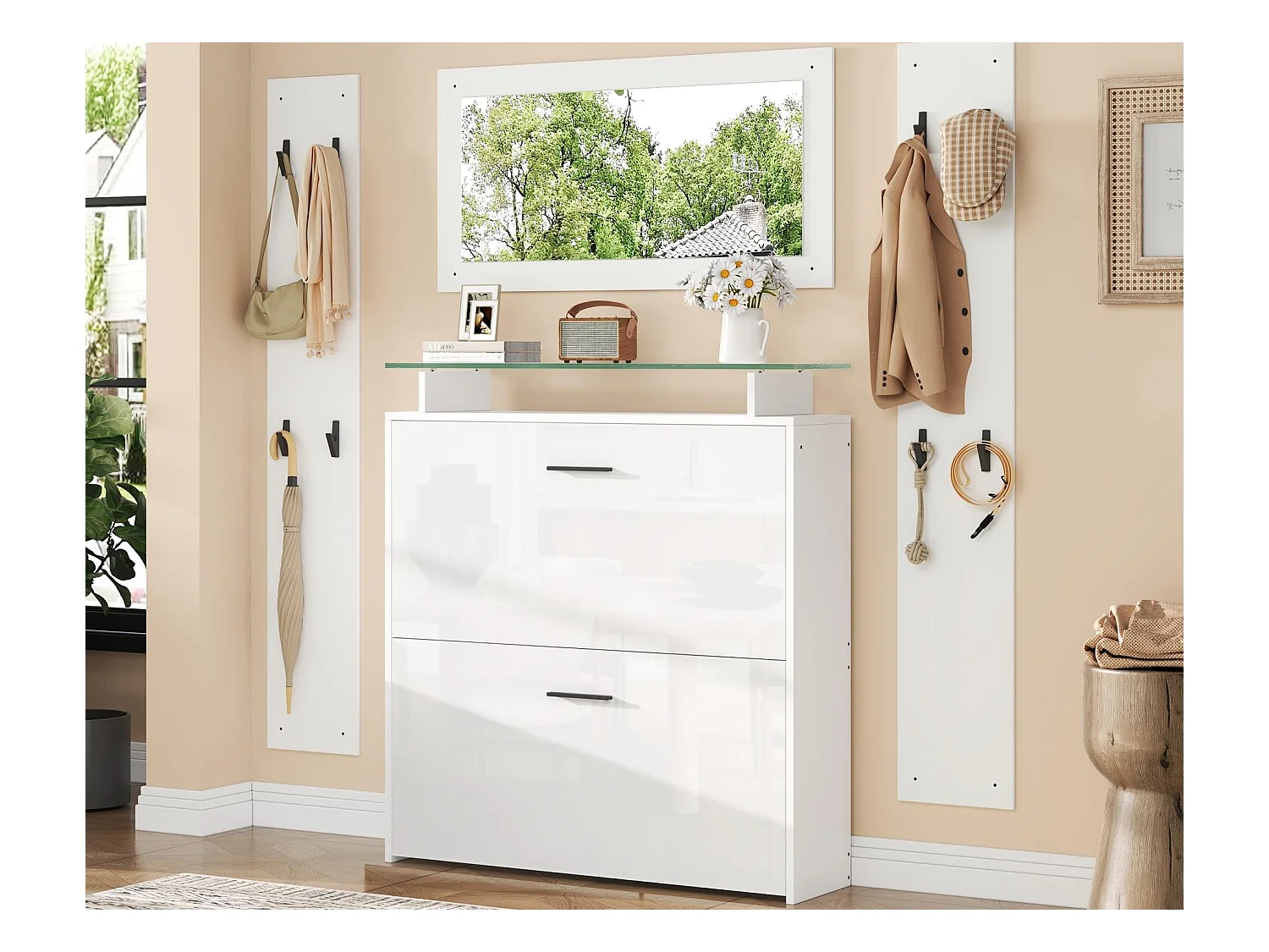 Ensemble vestiaire d'entrée - 2 porte-manteaux et 1 meuble à chaussures - avec miroir et 8 patères - Blanc