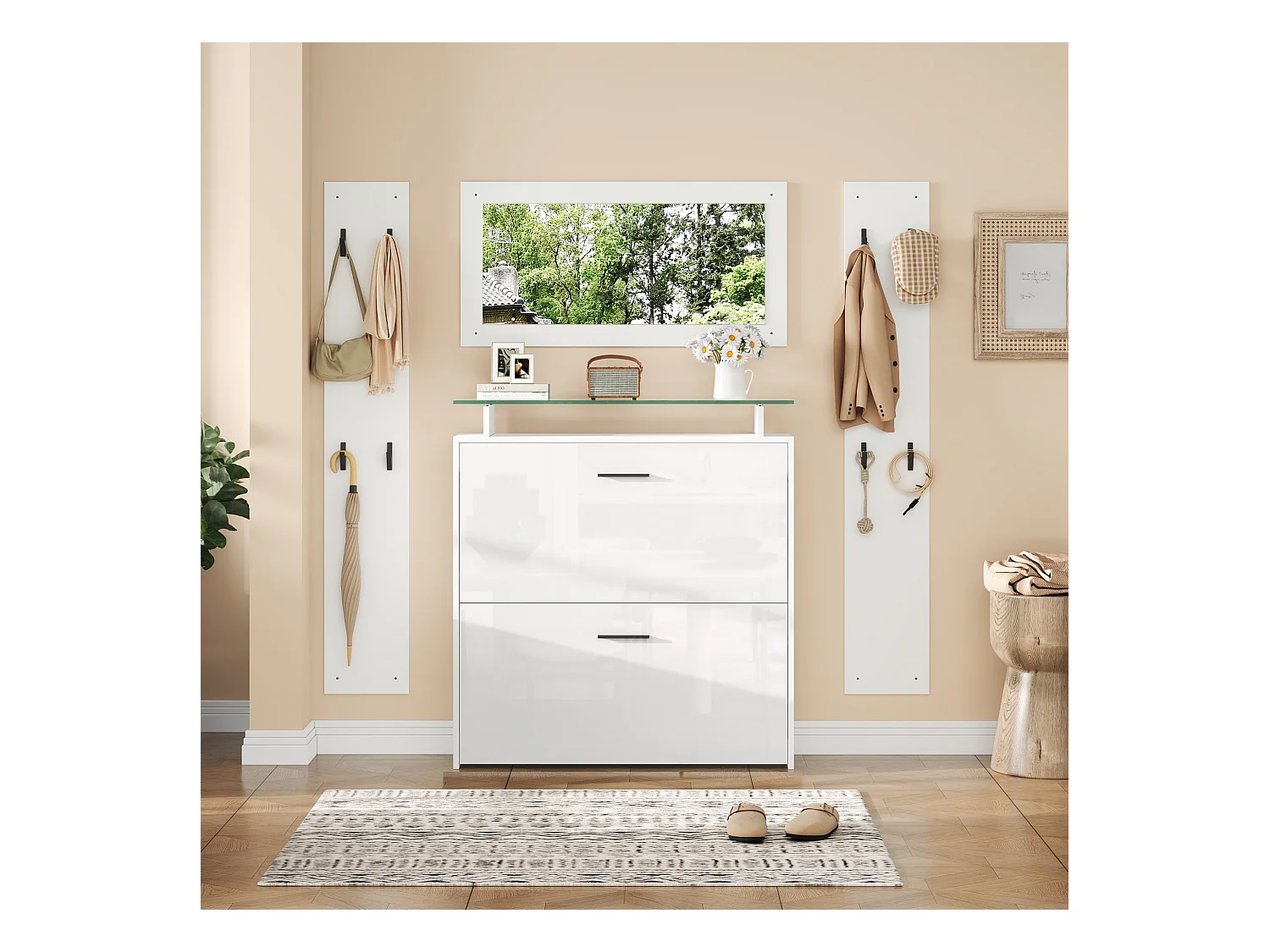 Ensemble vestiaire d'entrée - 2 porte-manteaux et 1 meuble à chaussures - avec miroir et 8 patères - Blanc