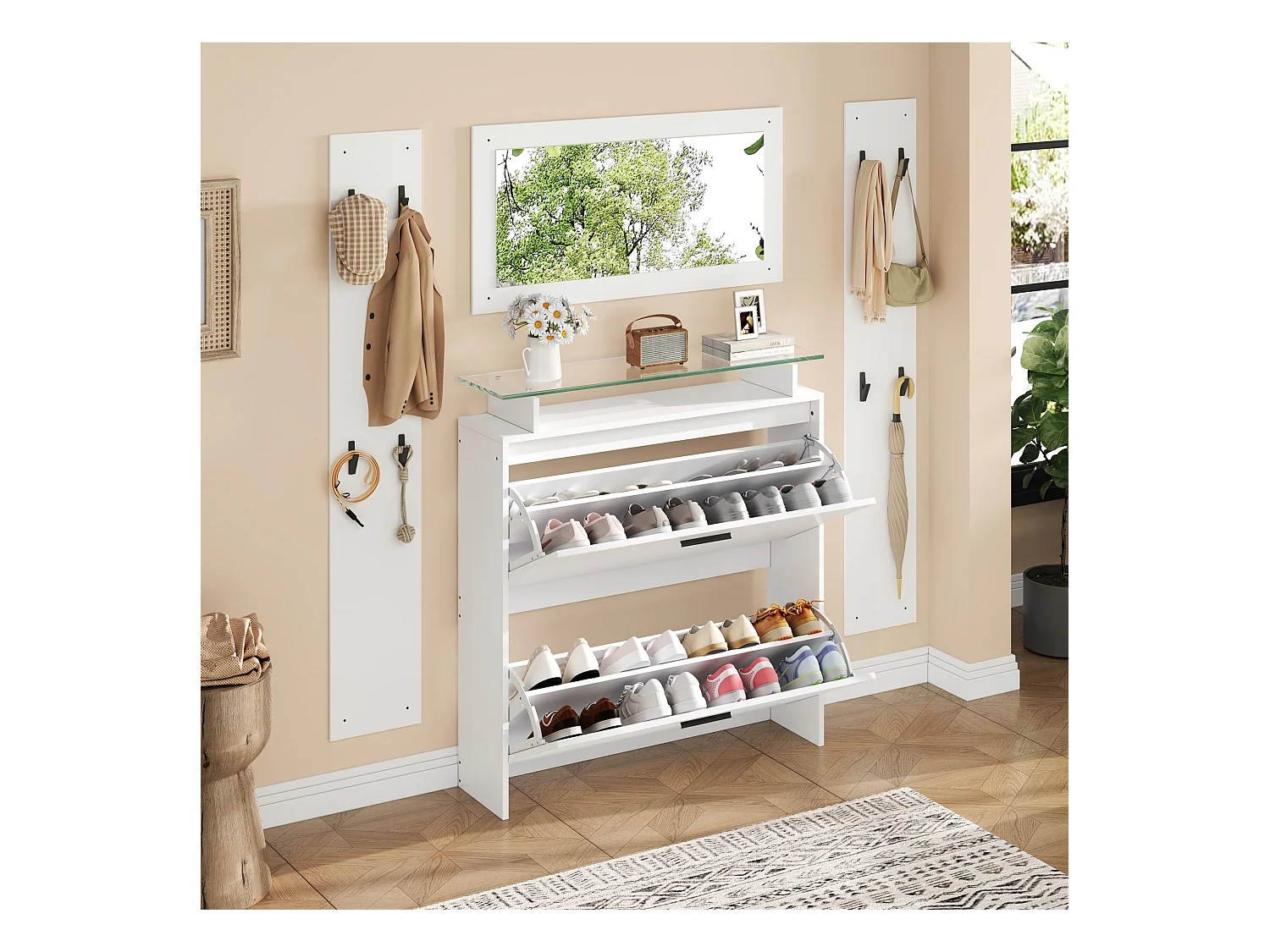 Ensemble vestiaire d'entrée - 2 porte-manteaux et 1 meuble à chaussures - avec miroir et 8 patères - Blanc