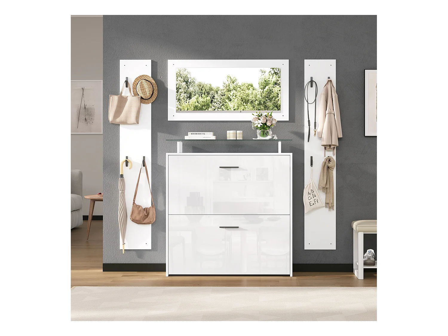 Ensemble vestiaire d'entrée - 2 porte-manteaux et 1 meuble à chaussures - avec miroir et 8 patères - Blanc