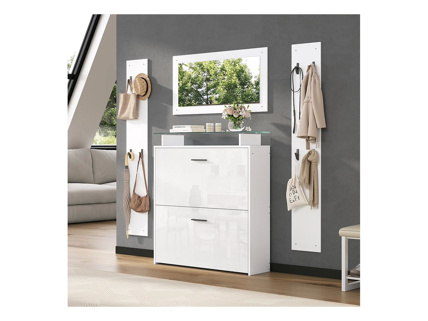 Ensemble vestiaire d'entrée - 2 porte-manteaux et 1 meuble à chaussures - avec miroir et 8 patères - Blanc