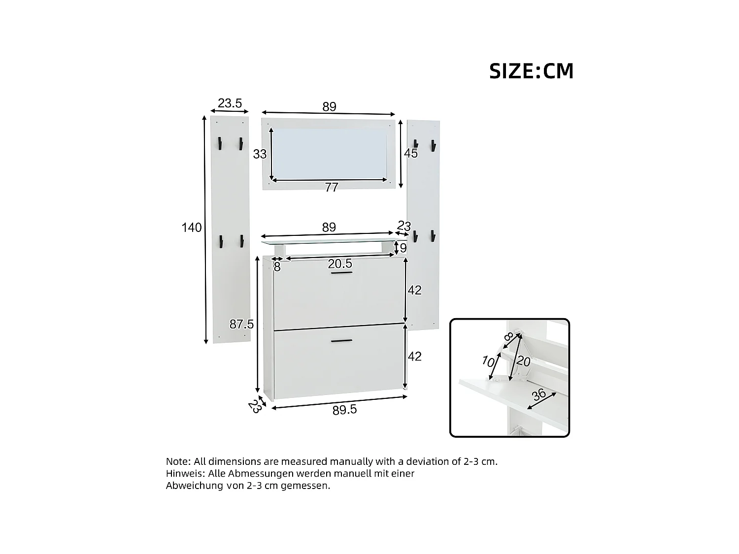 Ensemble vestiaire d'entrée - 2 porte-manteaux et 1 meuble à chaussures - avec miroir et 8 patères - Blanc