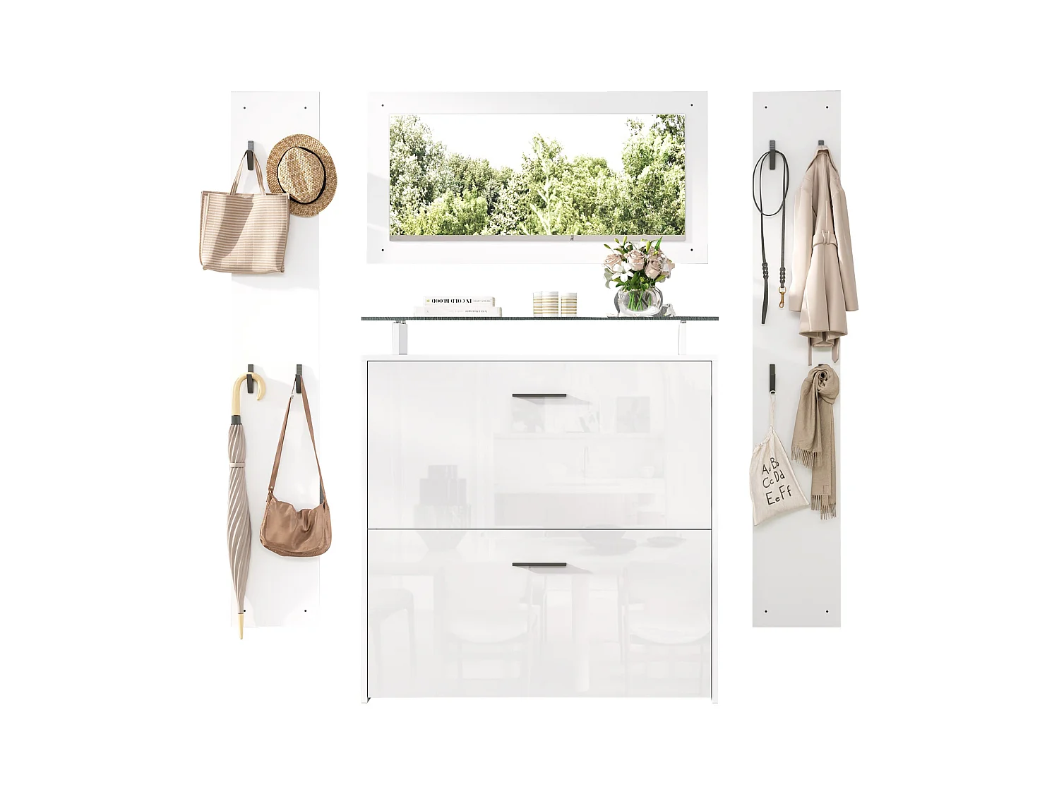 Ensemble vestiaire d'entrée - 2 porte-manteaux et 1 meuble à chaussures - avec miroir et 8 patères - Blanc