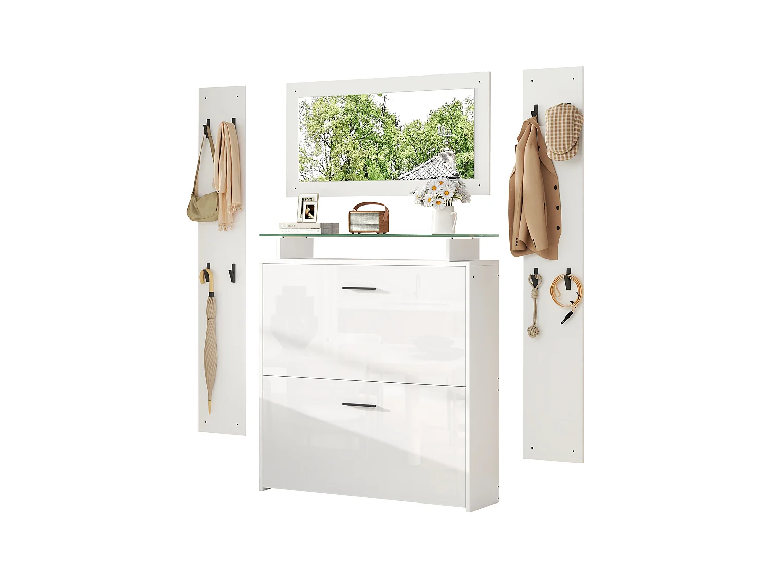 Ensemble vestiaire d'entrée - 2 porte-manteaux et 1 meuble à chaussures - avec miroir et 8 patères - Blanc