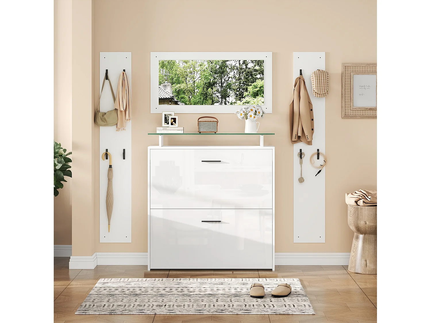 Garderobenset für den Eingangsbereich - 2 Kleiderständer und 1 Schuhschrank - mit Spiegel und 8 Kleiderhaken - Weiß