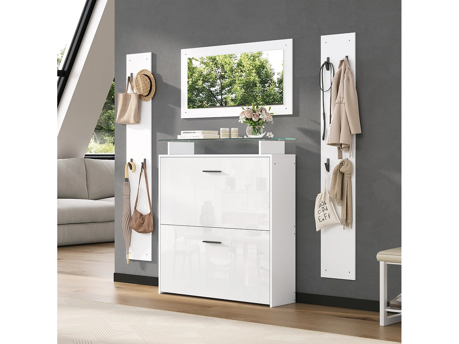 Garderobenset für den Eingangsbereich - 2 Kleiderständer und 1 Schuhschrank - mit Spiegel und 8 Kleiderhaken - Weiß