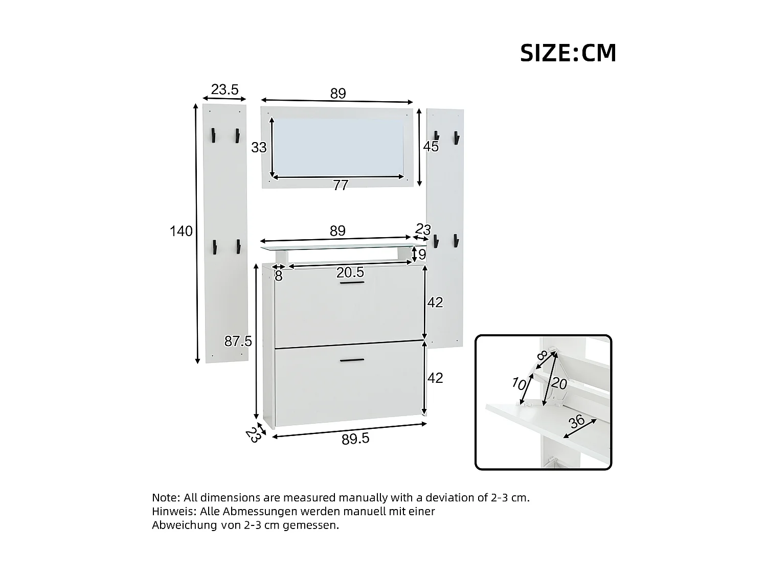 Garderobenset für den Eingangsbereich - 2 Kleiderständer und 1 Schuhschrank - mit Spiegel und 8 Kleiderhaken - Weiß