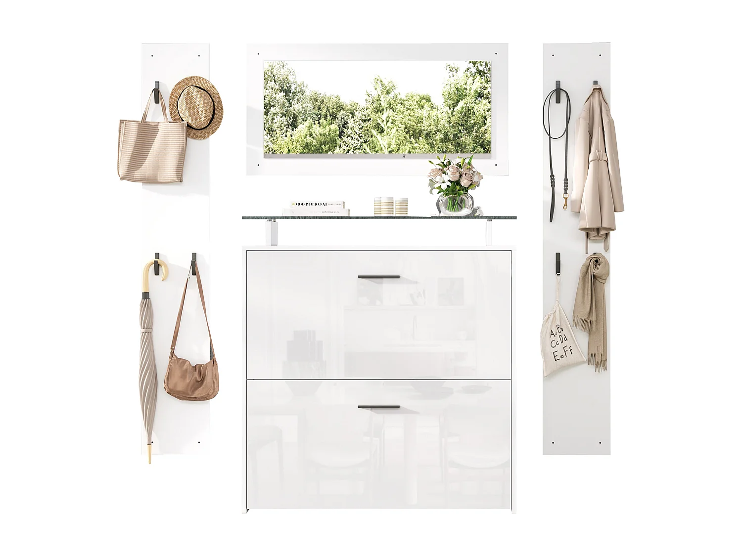 Garderobenset für den Eingangsbereich - 2 Kleiderständer und 1 Schuhschrank - mit Spiegel und 8 Kleiderhaken - Weiß