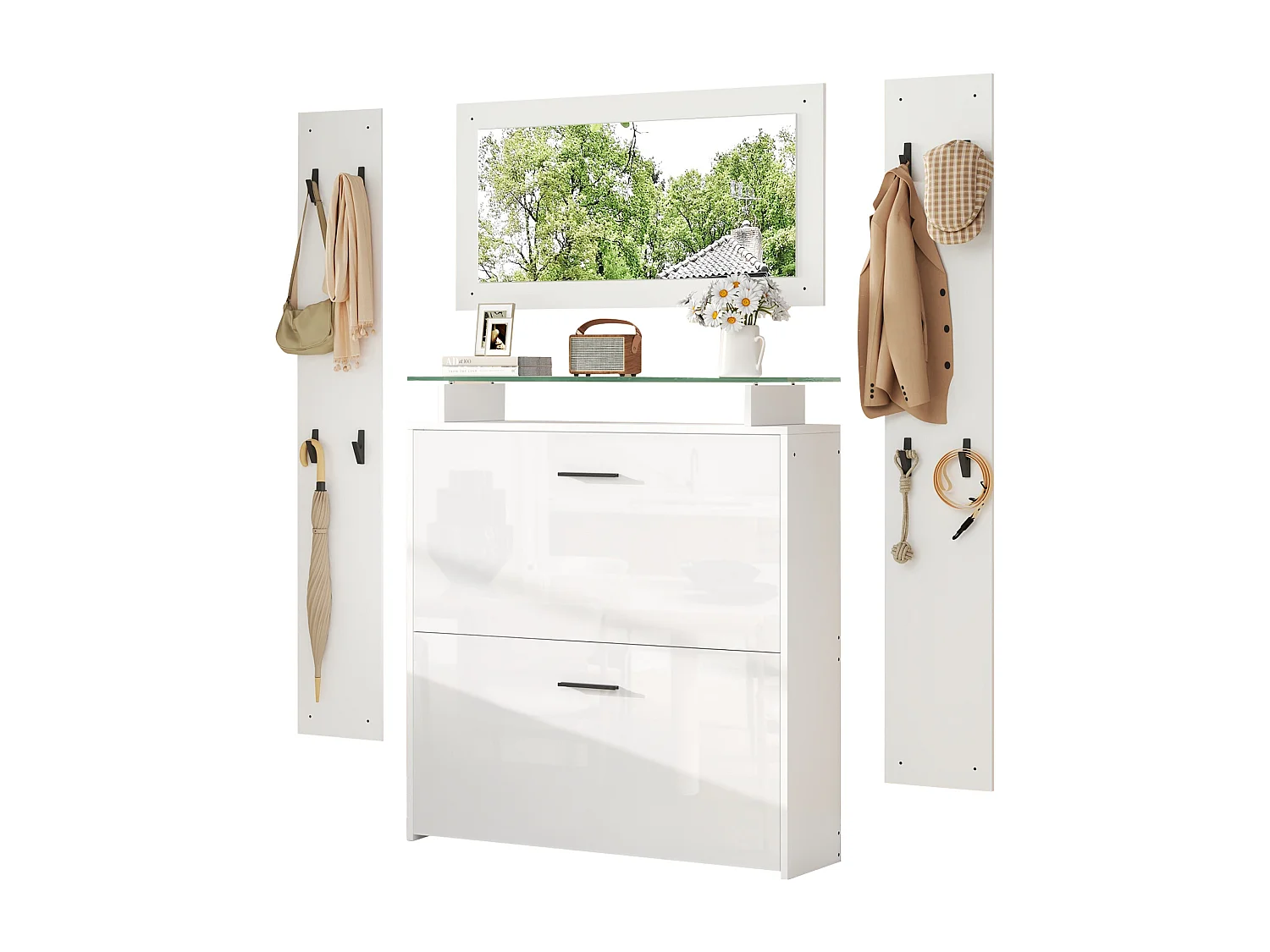 Garderobenset für den Eingangsbereich - 2 Kleiderständer und 1 Schuhschrank - mit Spiegel und 8 Kleiderhaken - Weiß