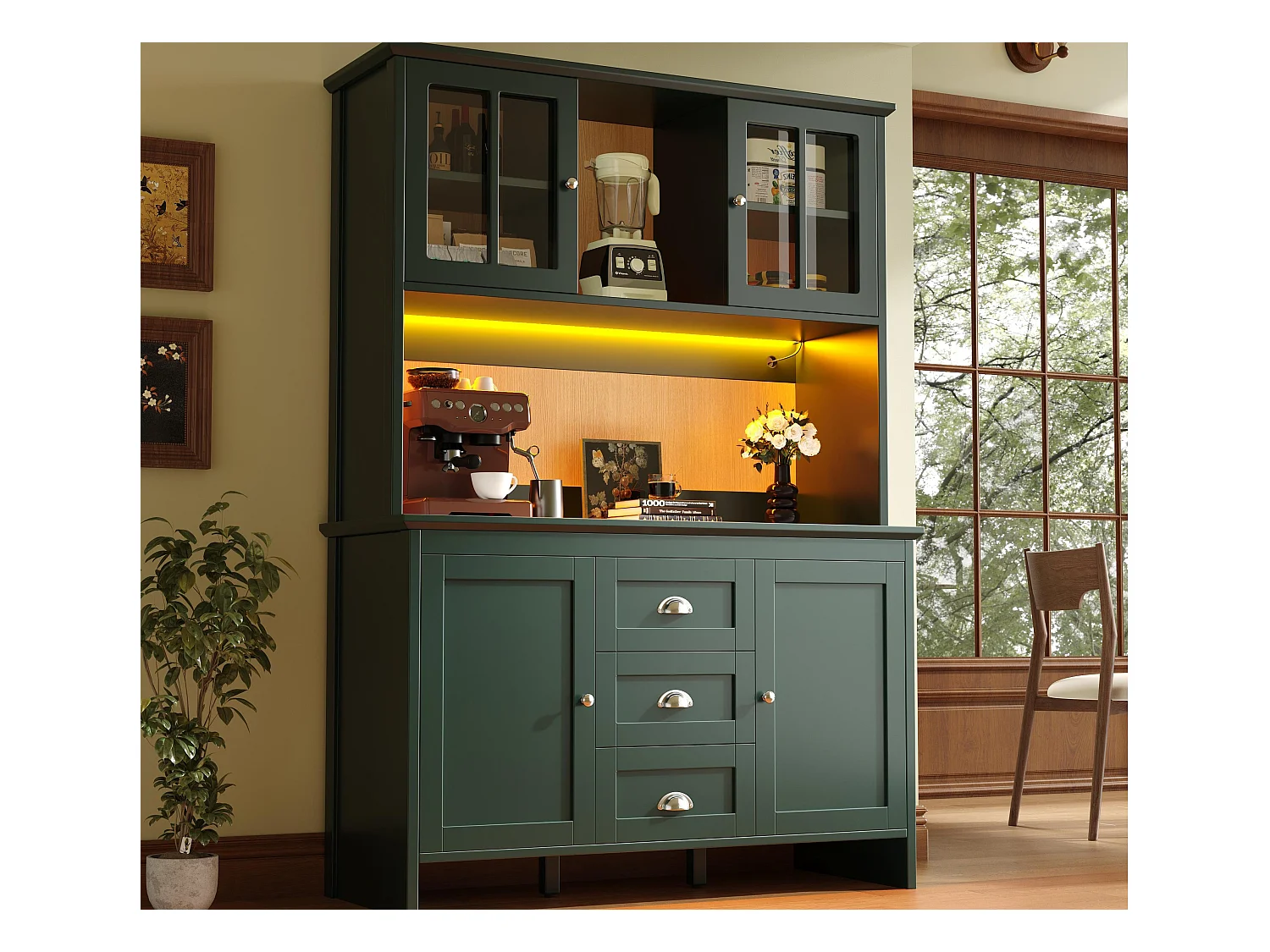 Buffet de cuisine 120x40x179cm - 4 portes + 3 tiroir + 8 étagères - meuble haut - avec éclairage LED - Style rétro - Vert