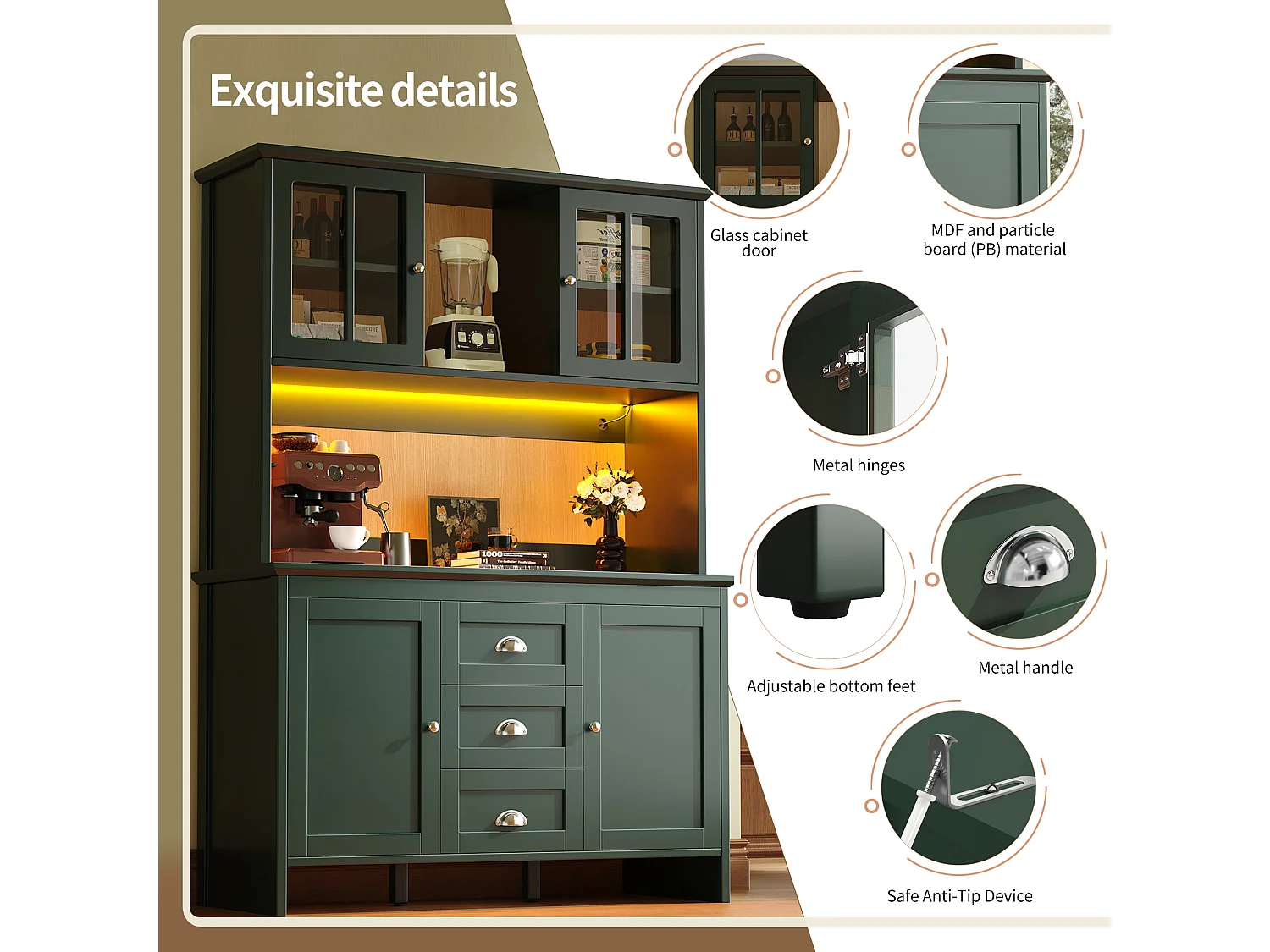 Buffet de cozinha 120x40x179cm - 4 portas + 3 gavetas + 8 prateleiras - móvel alto - com iluminação LED - Estilo retrô - Verde