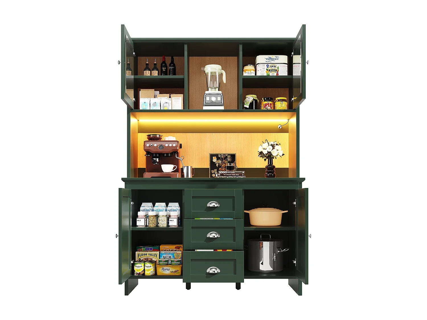 Buffet de cozinha 120x40x179cm - 4 portas + 3 gavetas + 8 prateleiras - móvel alto - com iluminação LED - Estilo retrô - Verde