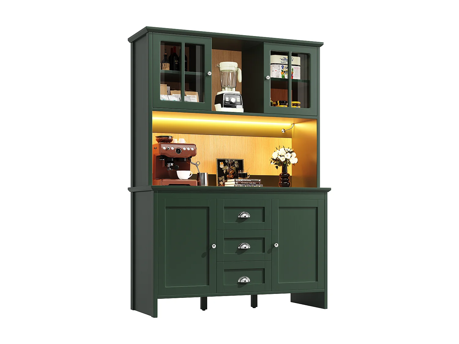 Buffet de cozinha 120x40x179cm - 4 portas + 3 gavetas + 8 prateleiras - móvel alto - com iluminação LED - Estilo retrô - Verde