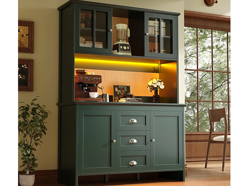 Buffet de cozinha 120x40x179cm - 4 portas + 3 gavetas + 8 prateleiras - móvel alto - com iluminação LED - Estilo retrô - Verde