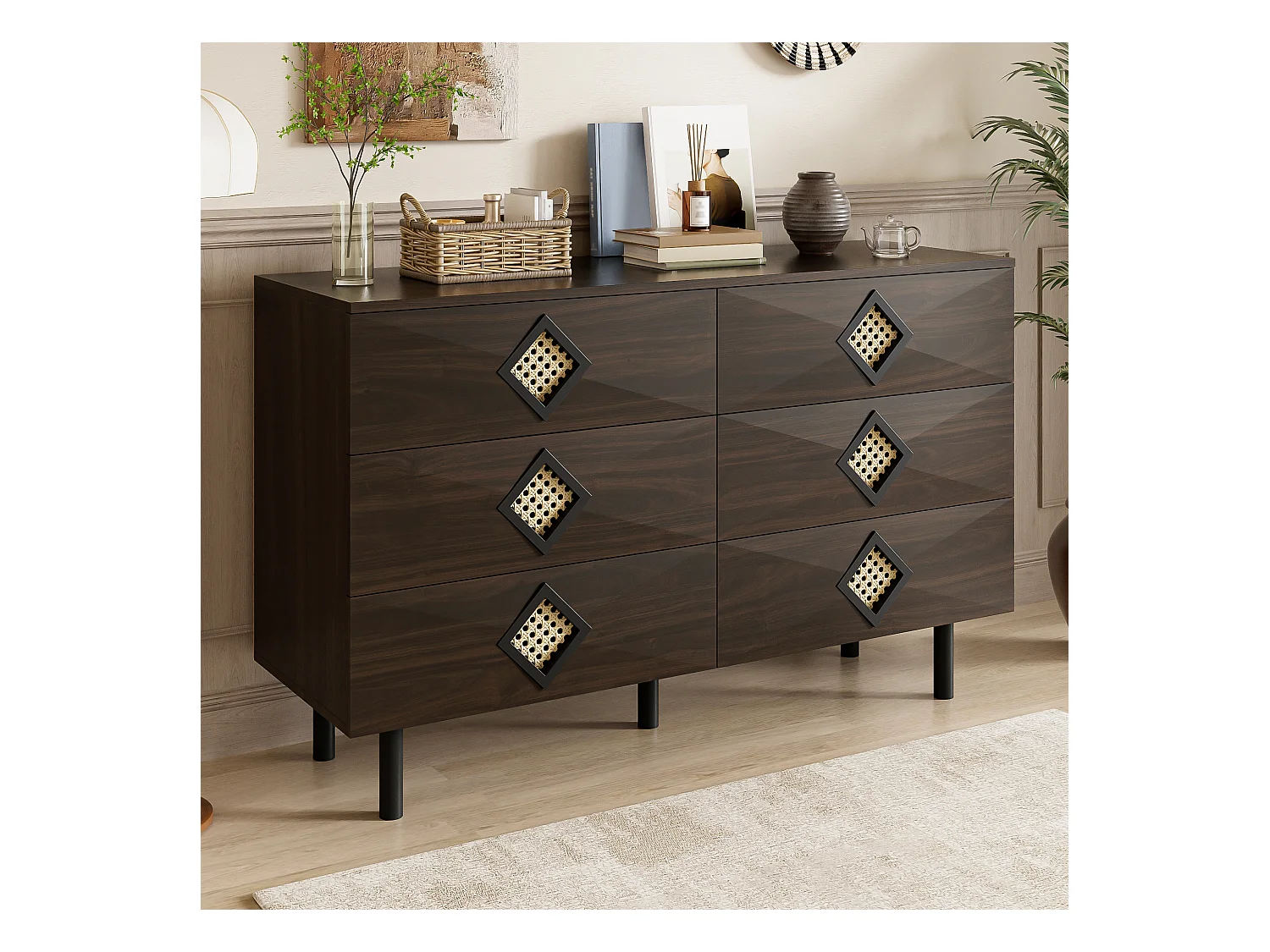 Buffet 120x40x74cm - mit 6 Schubladen - Rattanverzierung - Metallfüße - MDF + Spanplatten - Braun