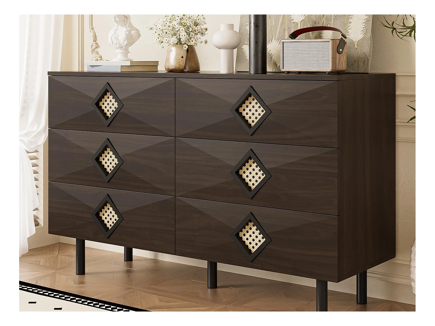 Buffet 120x40x74cm - avec 6 tiroirs - décoration en rotinn - Pieds en métal - MDF+Panneaux de particules - Marron