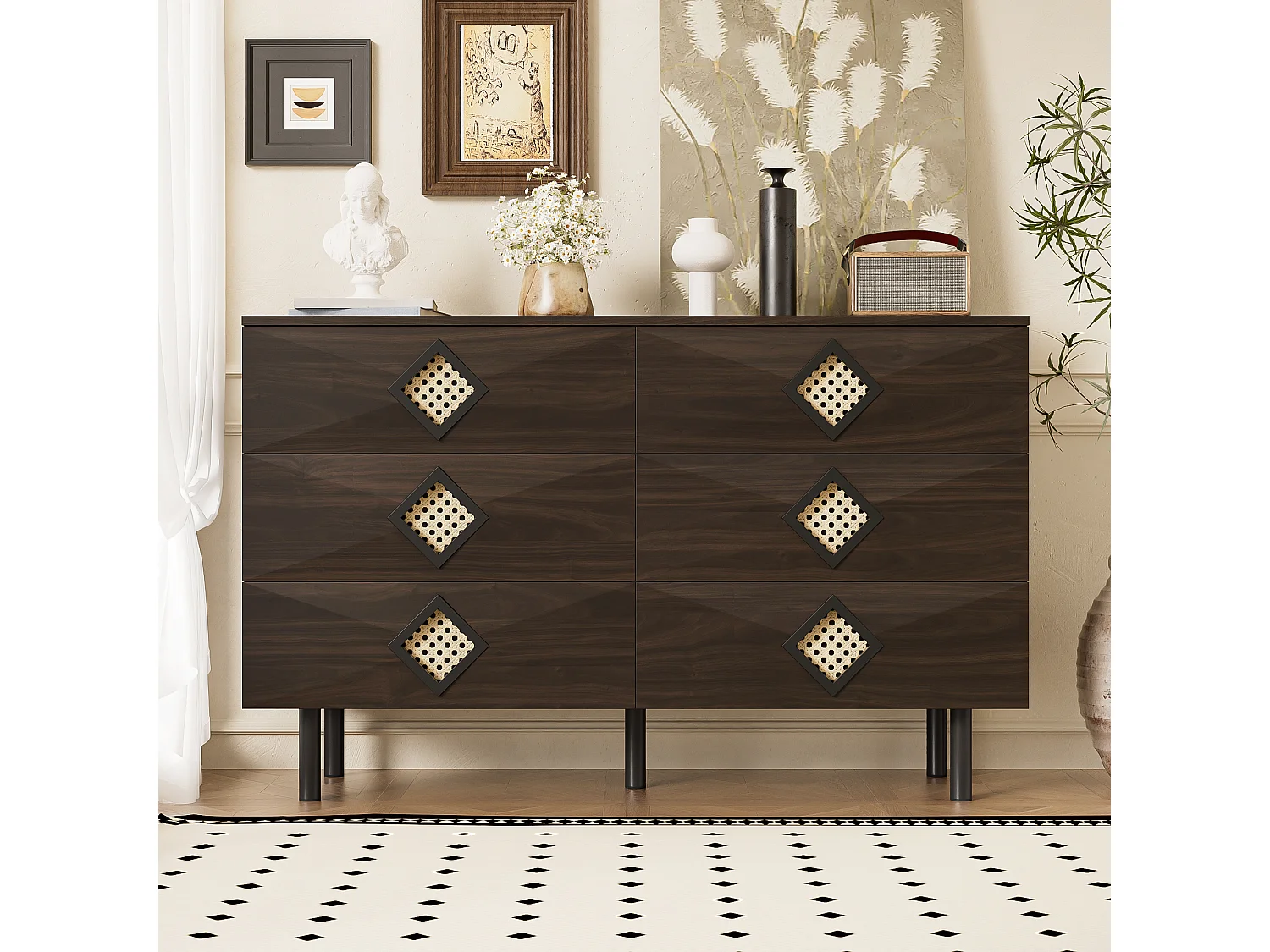 Buffet 120x40x74cm - avec 6 tiroirs - décoration en rotinn - Pieds en métal - MDF+Panneaux de particules - Marron