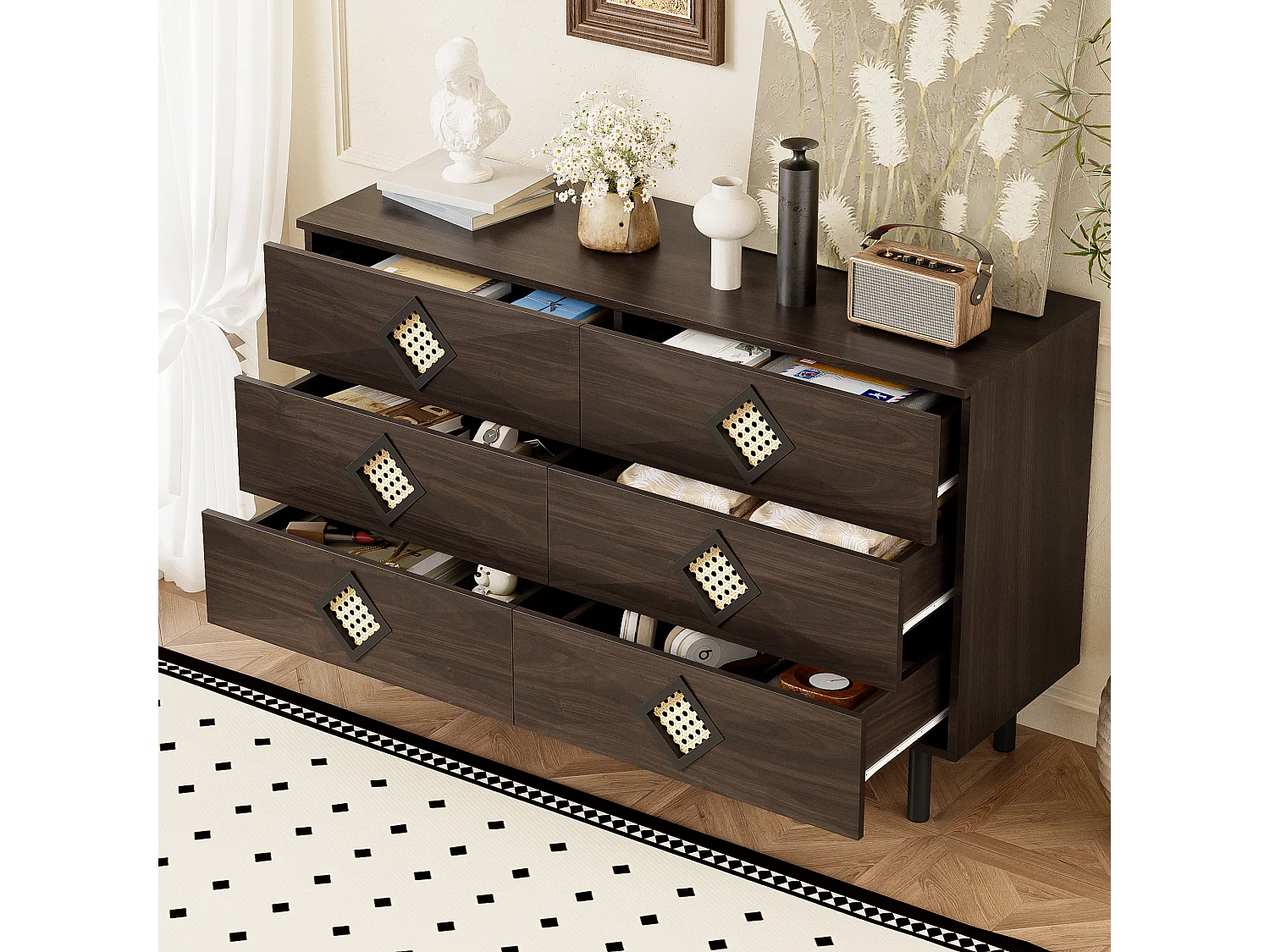 Buffet 120x40x74cm - avec 6 tiroirs - décoration en rotinn - Pieds en métal - MDF+Panneaux de particules - Marron