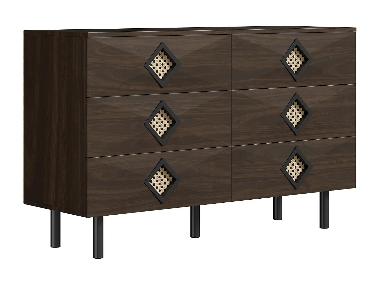 Buffet 120x40x74cm - avec 6 tiroirs - décoration en rotinn - Pieds en métal - MDF+Panneaux de particules - Marron
