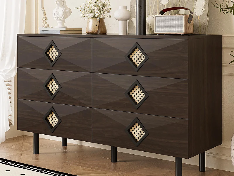 Buffet 120x40x74cm - met 6 lades - rotan decoratie - Metalen poten - MDF + Spaanplaat - Bruin